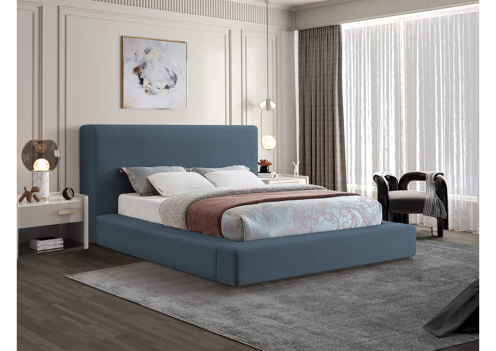 Devin Navy Linen Textured Fabric Full Bed,Meridian Furniture