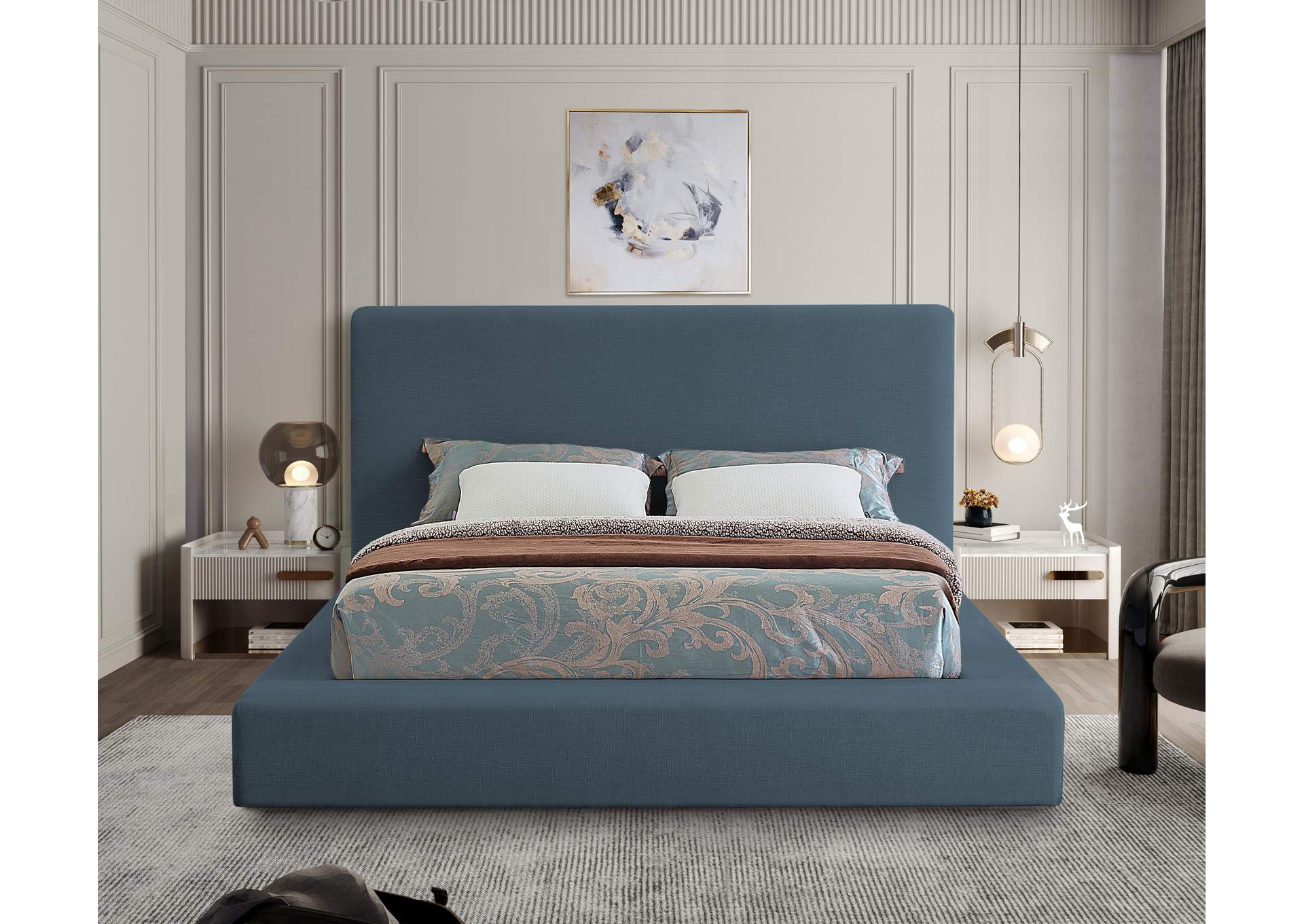 Devin Navy Linen Textured Fabric Full Bed,Meridian Furniture