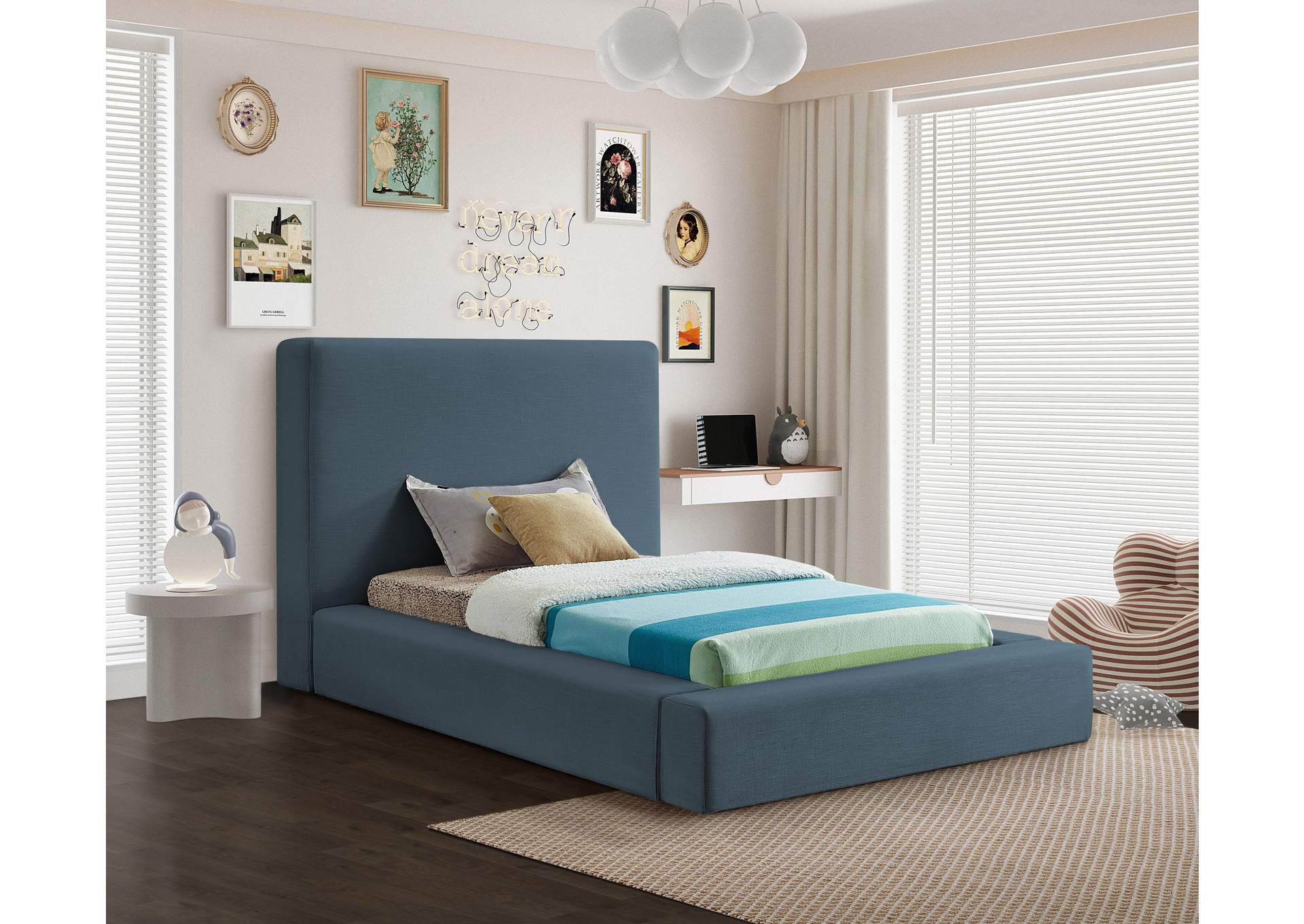 Devin Navy Linen Textured Fabric Twin Bed,Meridian Furniture