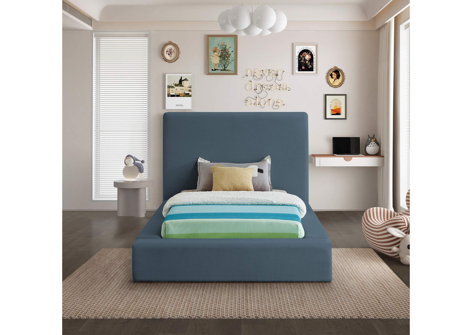 Devin Navy Linen Textured Fabric Twin Bed,Meridian Furniture