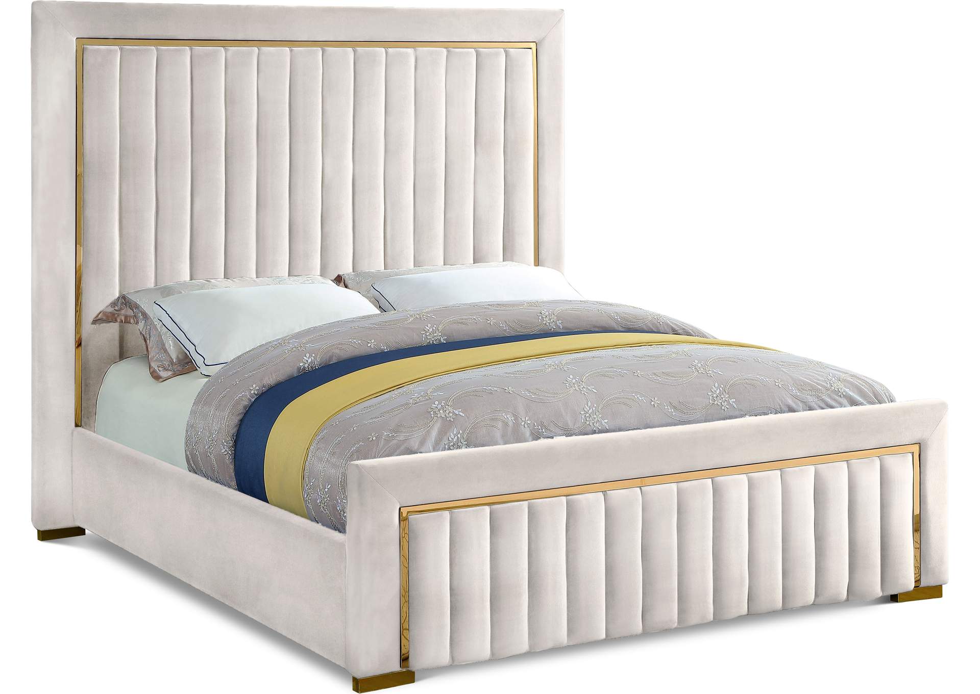 Dolce Cream Velvet King Bed 3 Boxes, Cream King Bed