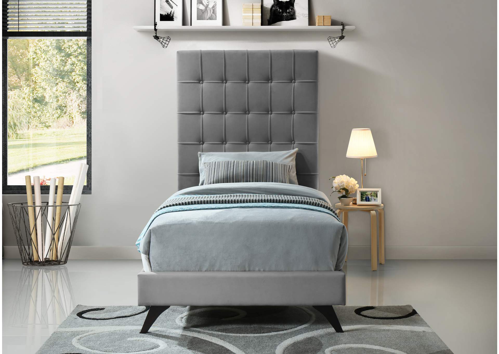 Elly Grey Velvet Twin Bed,Meridian Furniture