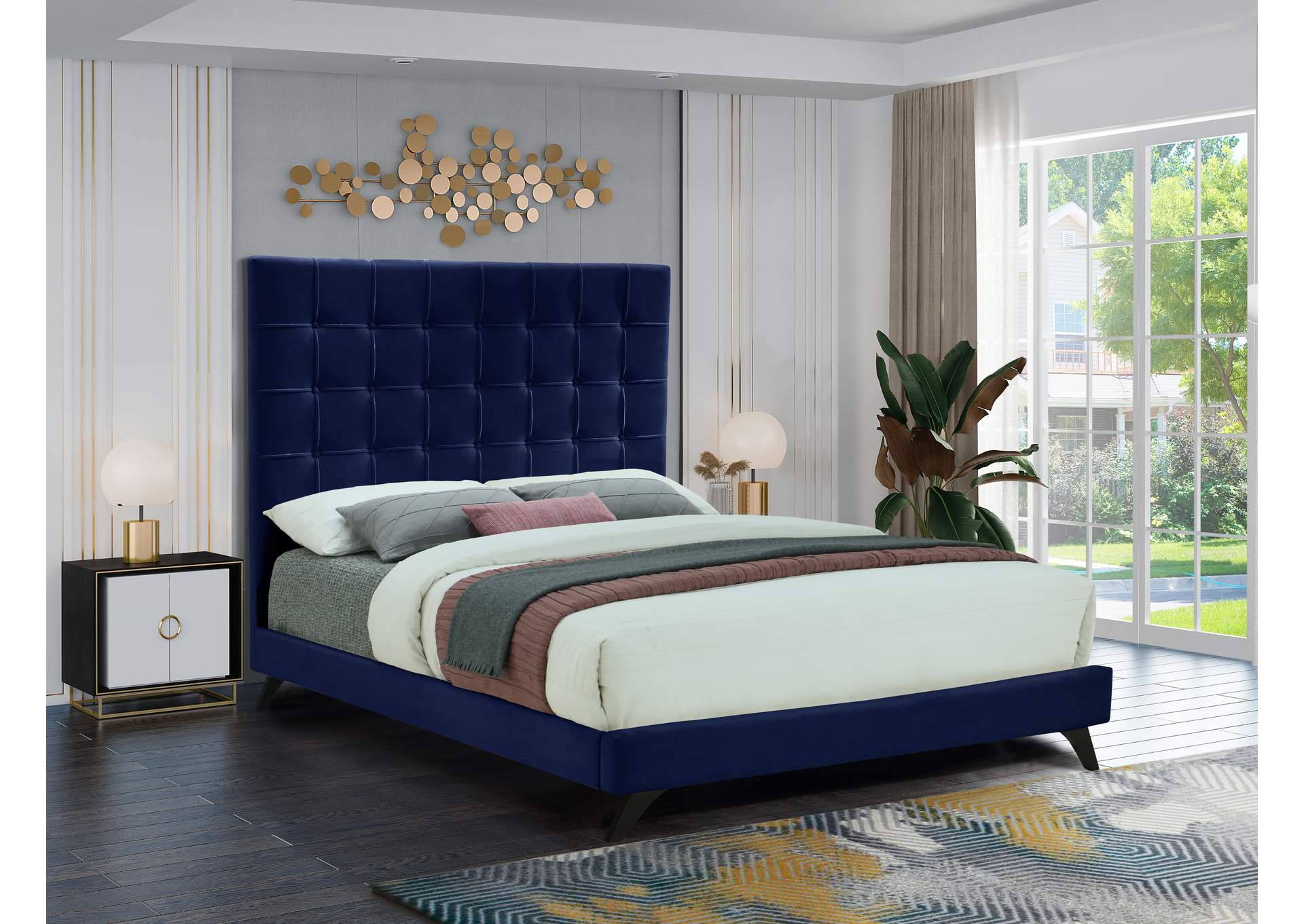 Elly Navy Velvet Queen Bed,Meridian Furniture