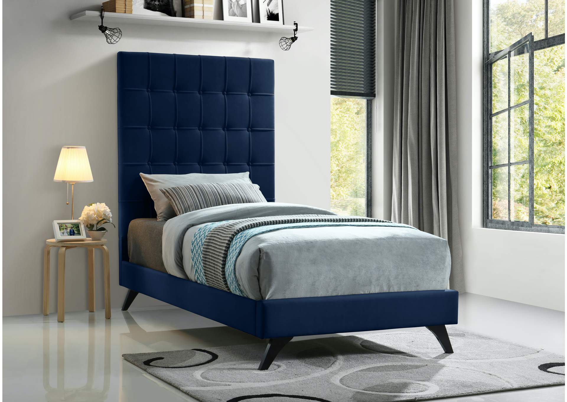 Elly Navy Velvet Twin Bed,Meridian Furniture