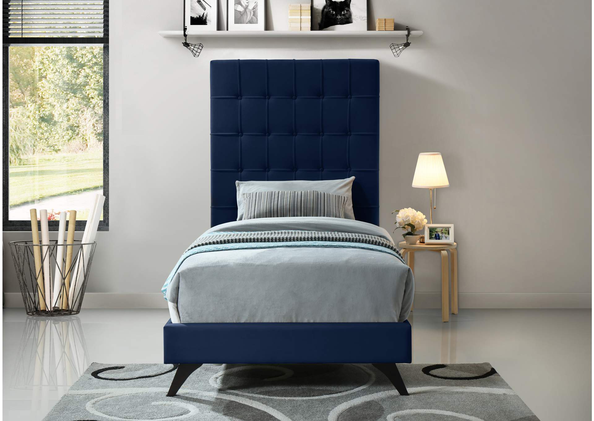 Elly Navy Velvet Twin Bed,Meridian Furniture