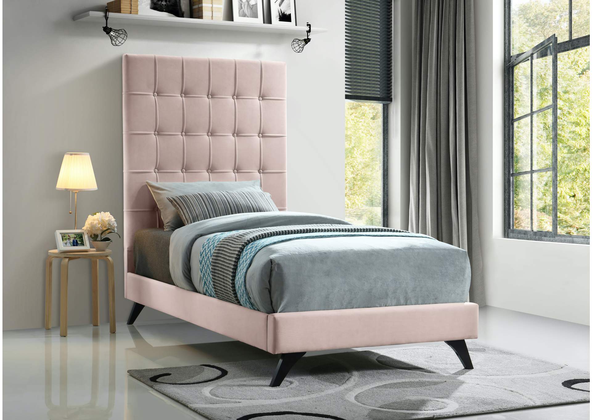 Elly Pink Velvet Twin Bed,Meridian Furniture