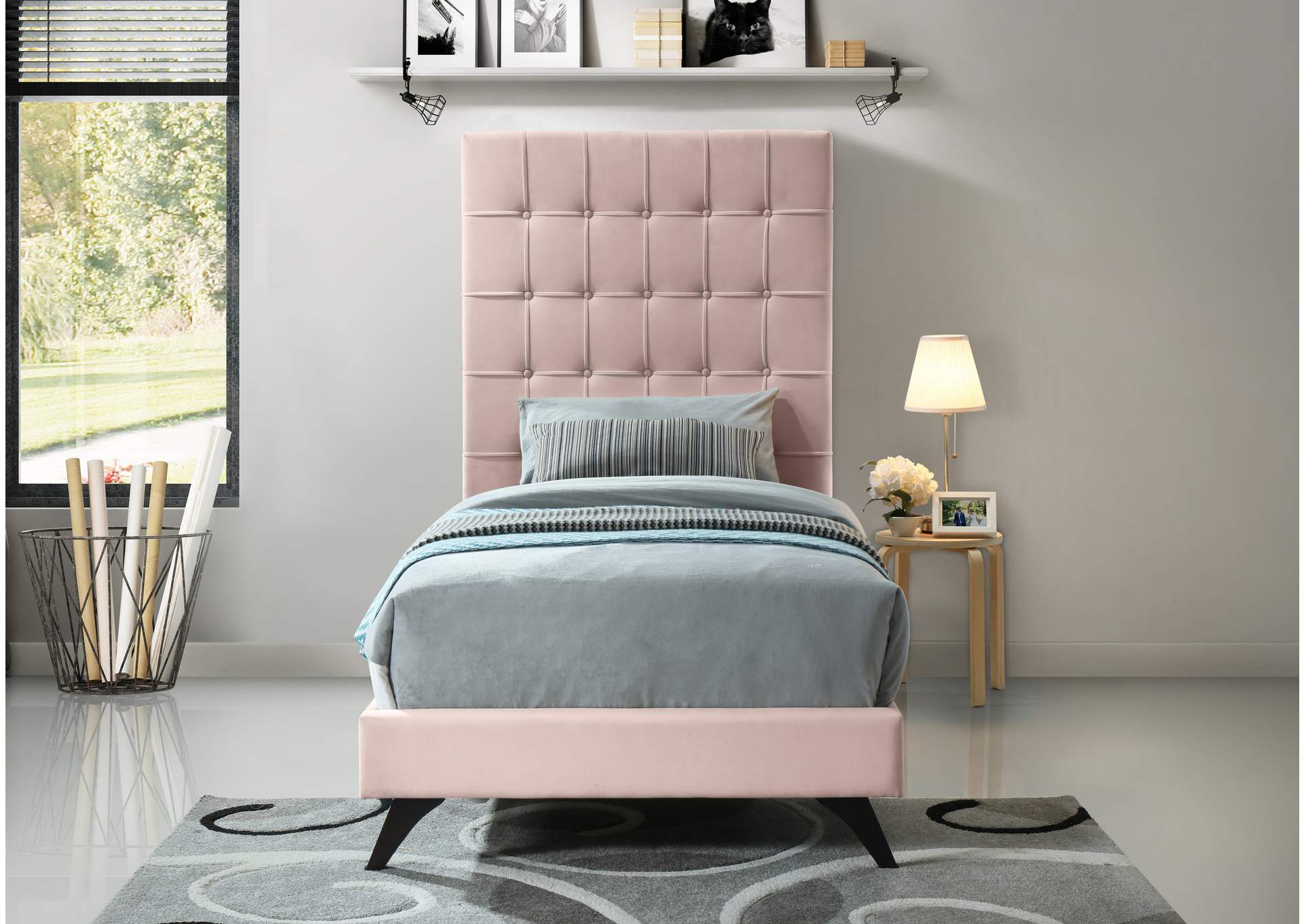 Elly Pink Velvet Twin Bed,Meridian Furniture