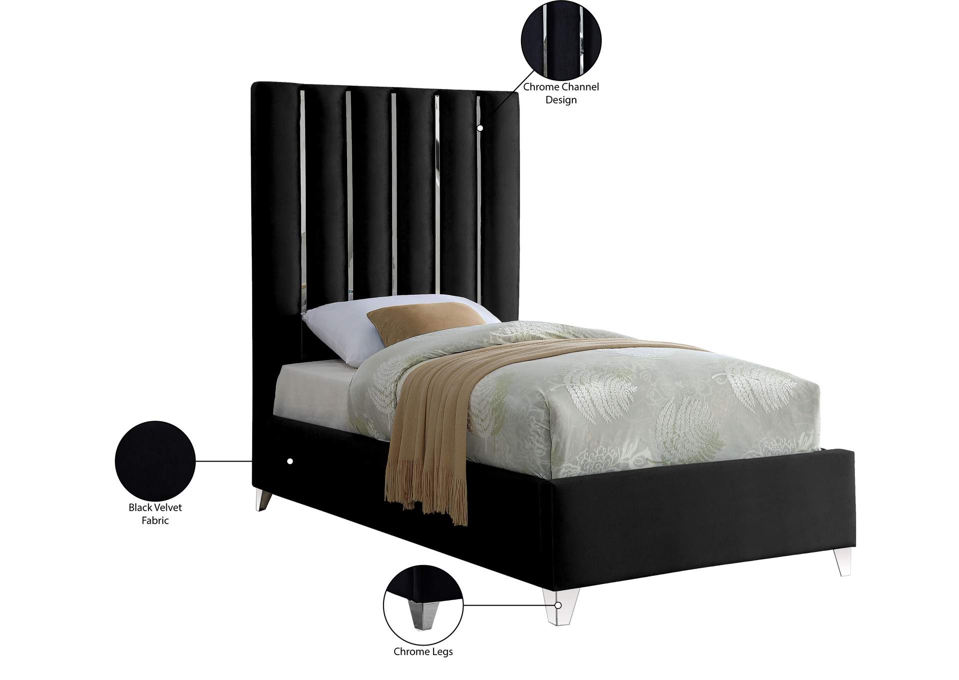 Enzo Black Velvet Twin Bed,Meridian Furniture