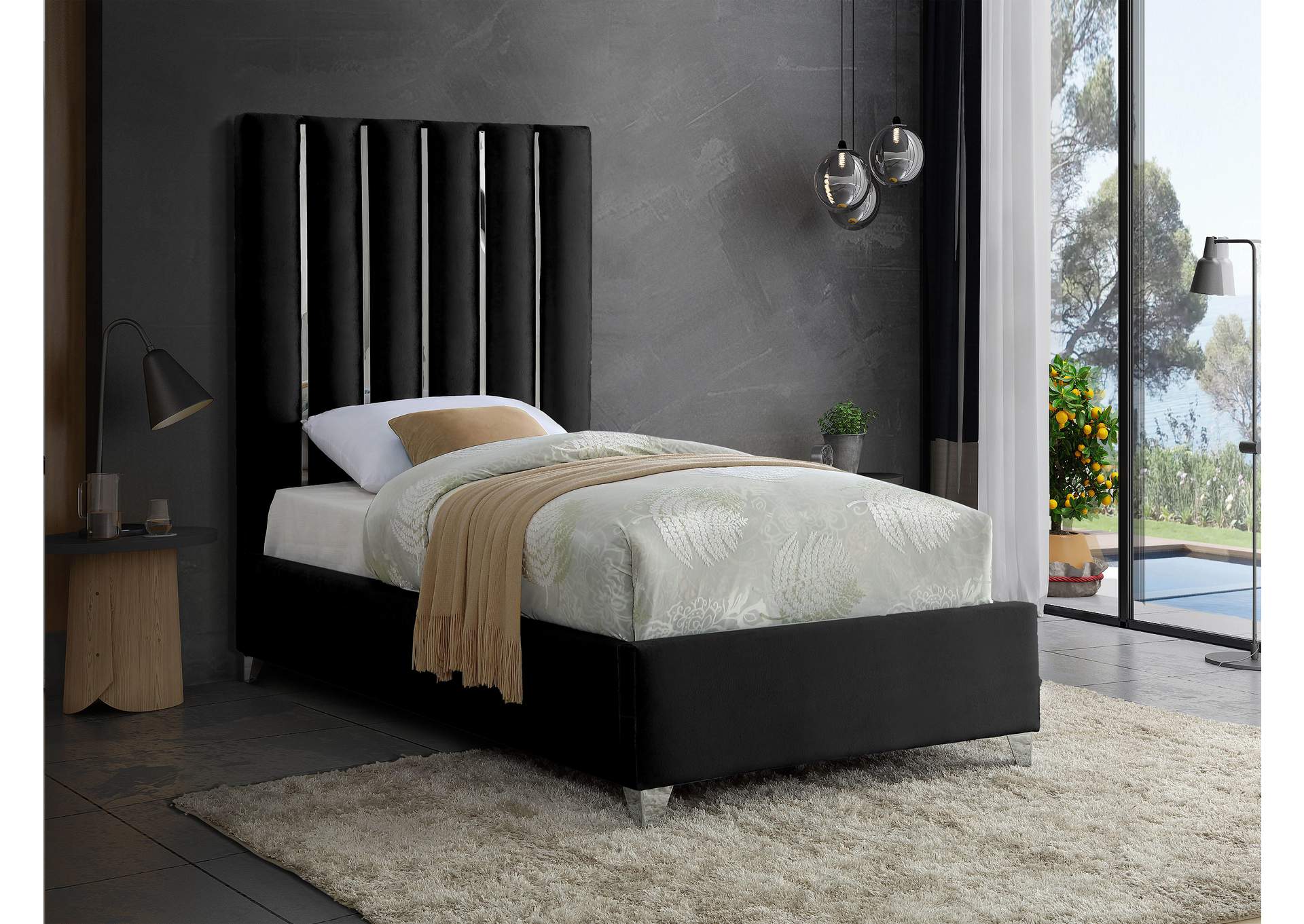 Enzo Black Velvet Twin Bed,Meridian Furniture