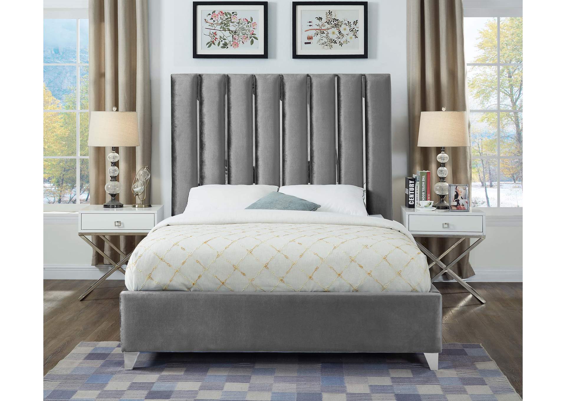 Enzo Grey Velvet Queen Bed,Meridian Furniture