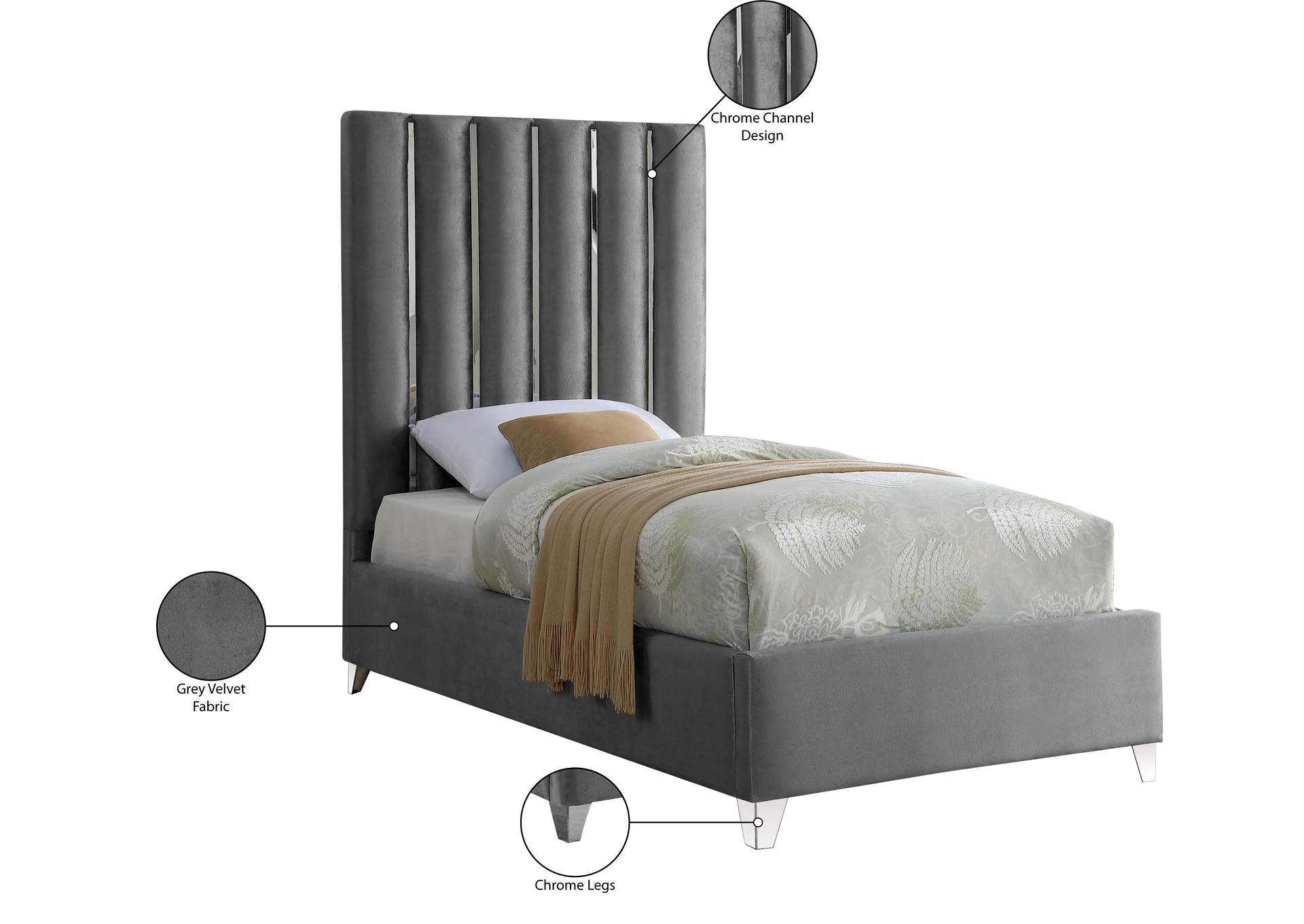 Enzo Grey Velvet Twin Bed,Meridian Furniture