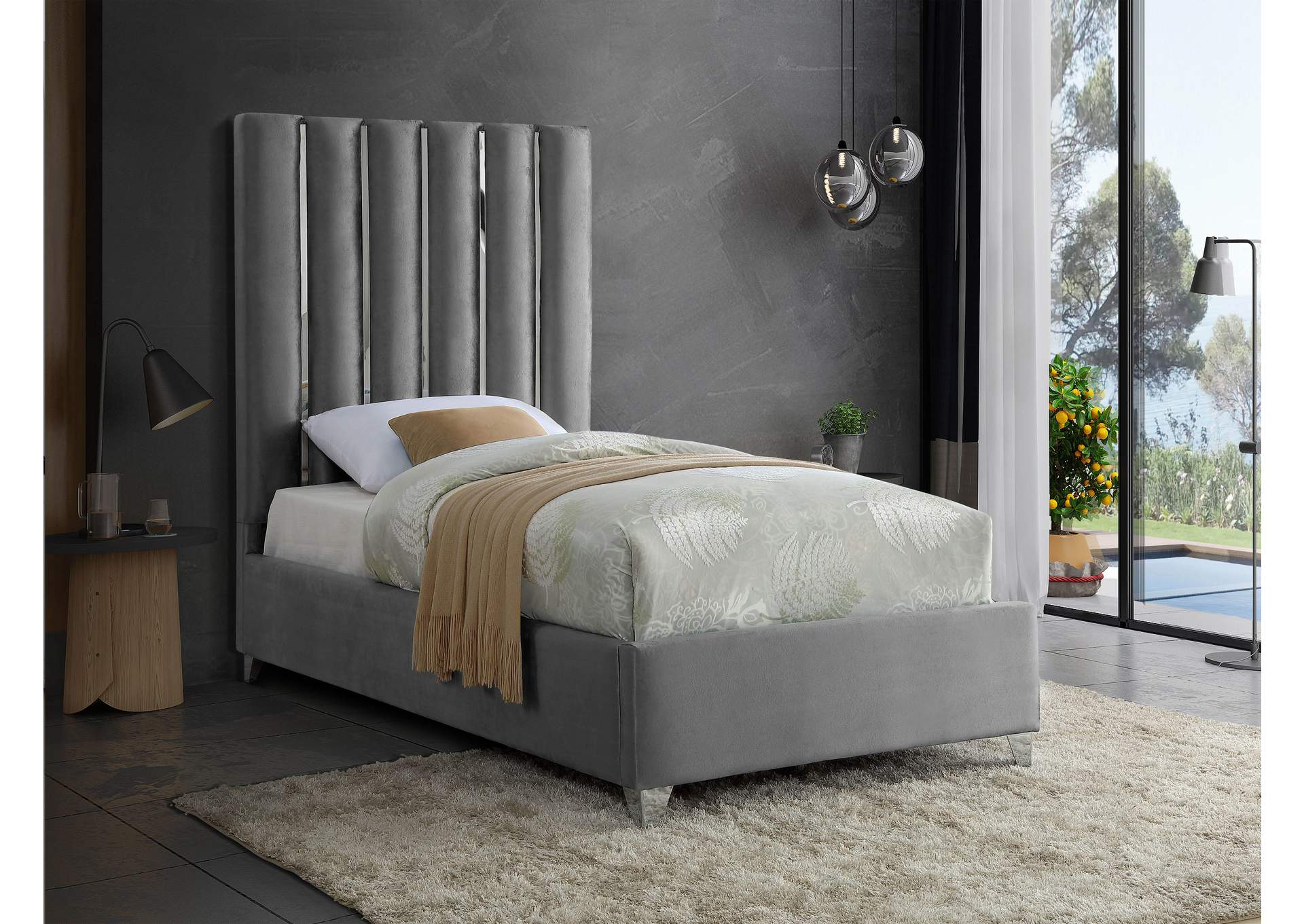 Enzo Grey Velvet Twin Bed,Meridian Furniture