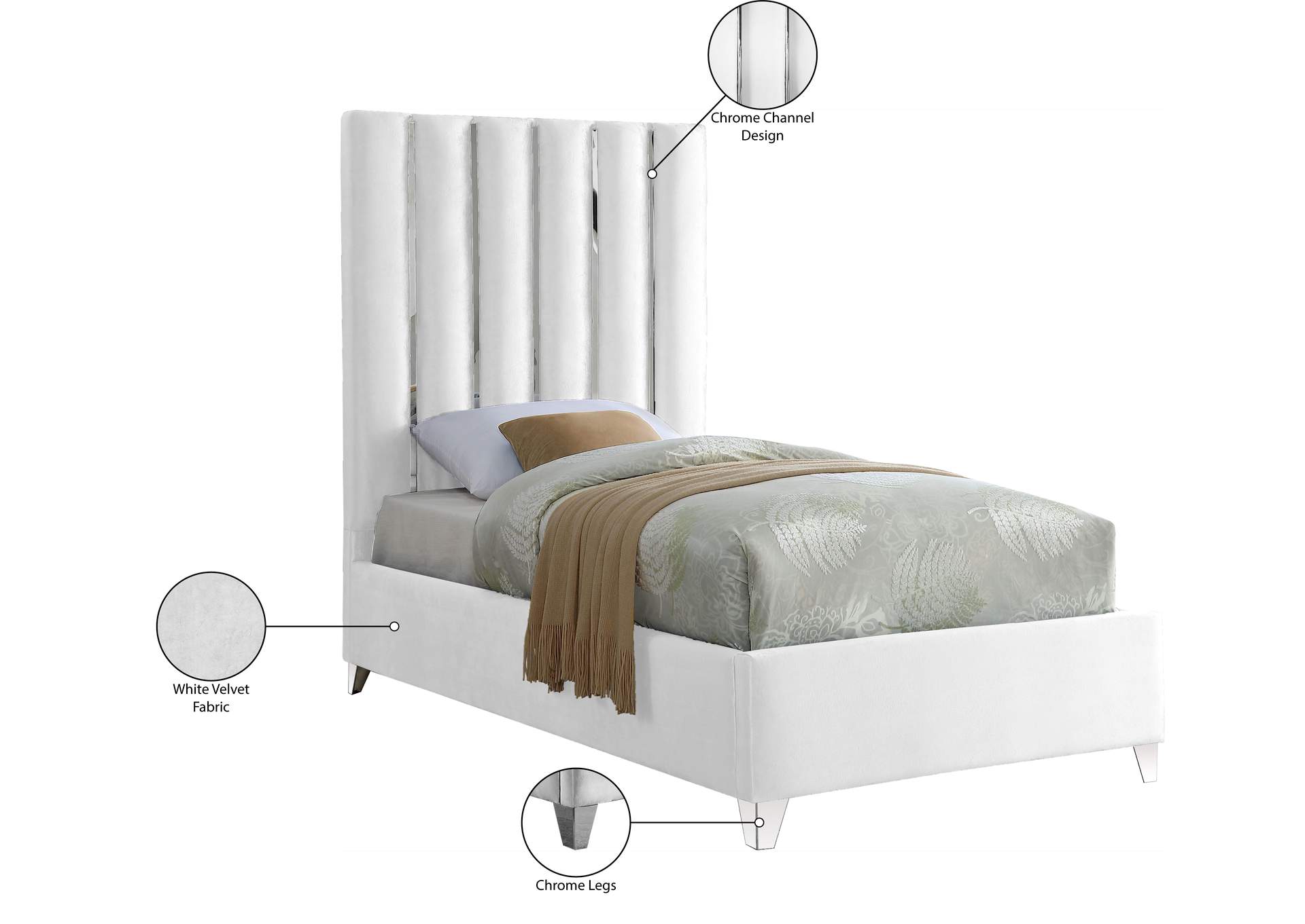 Enzo White Velvet Twin Bed,Meridian Furniture