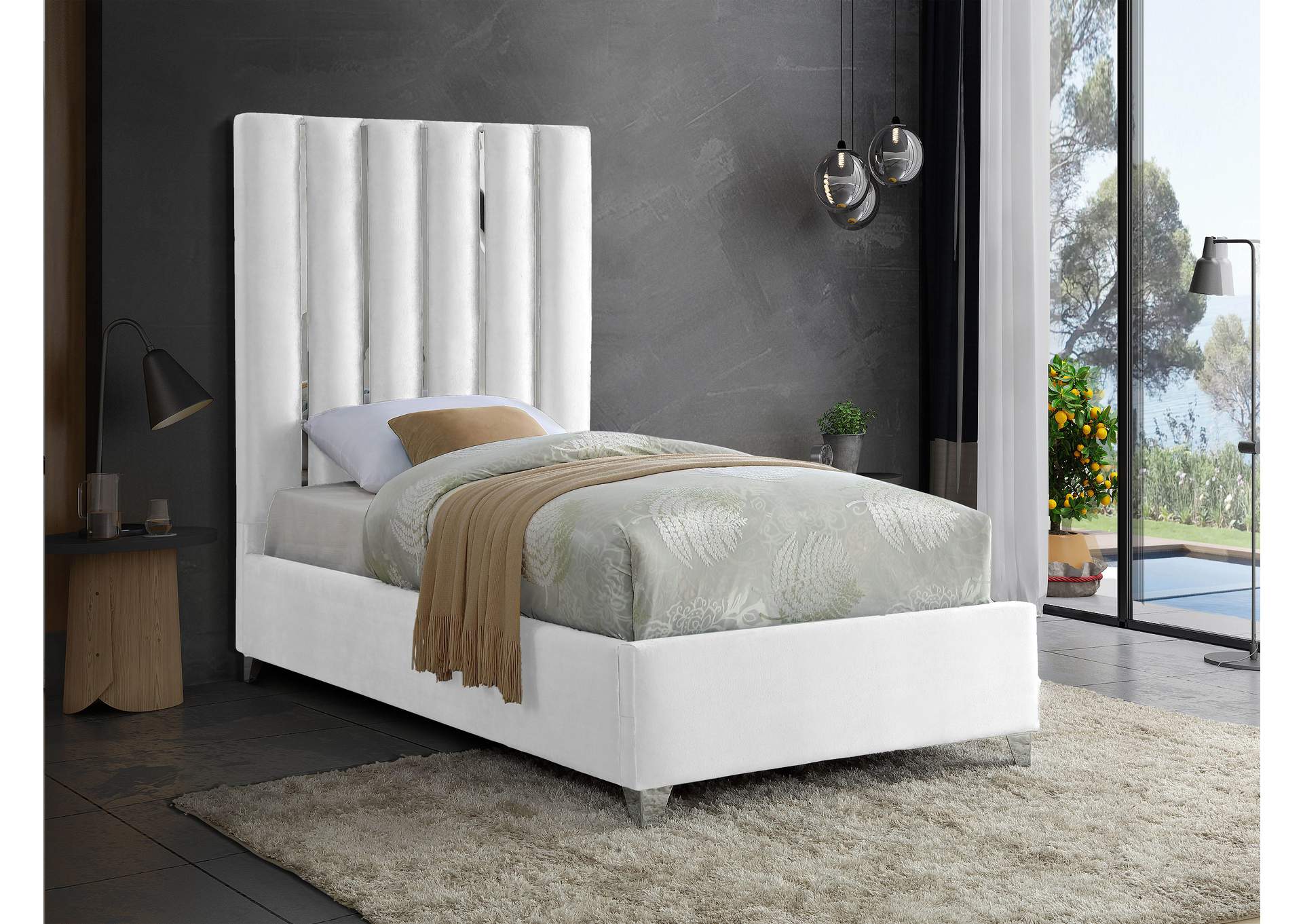 Enzo White Velvet Twin Bed,Meridian Furniture