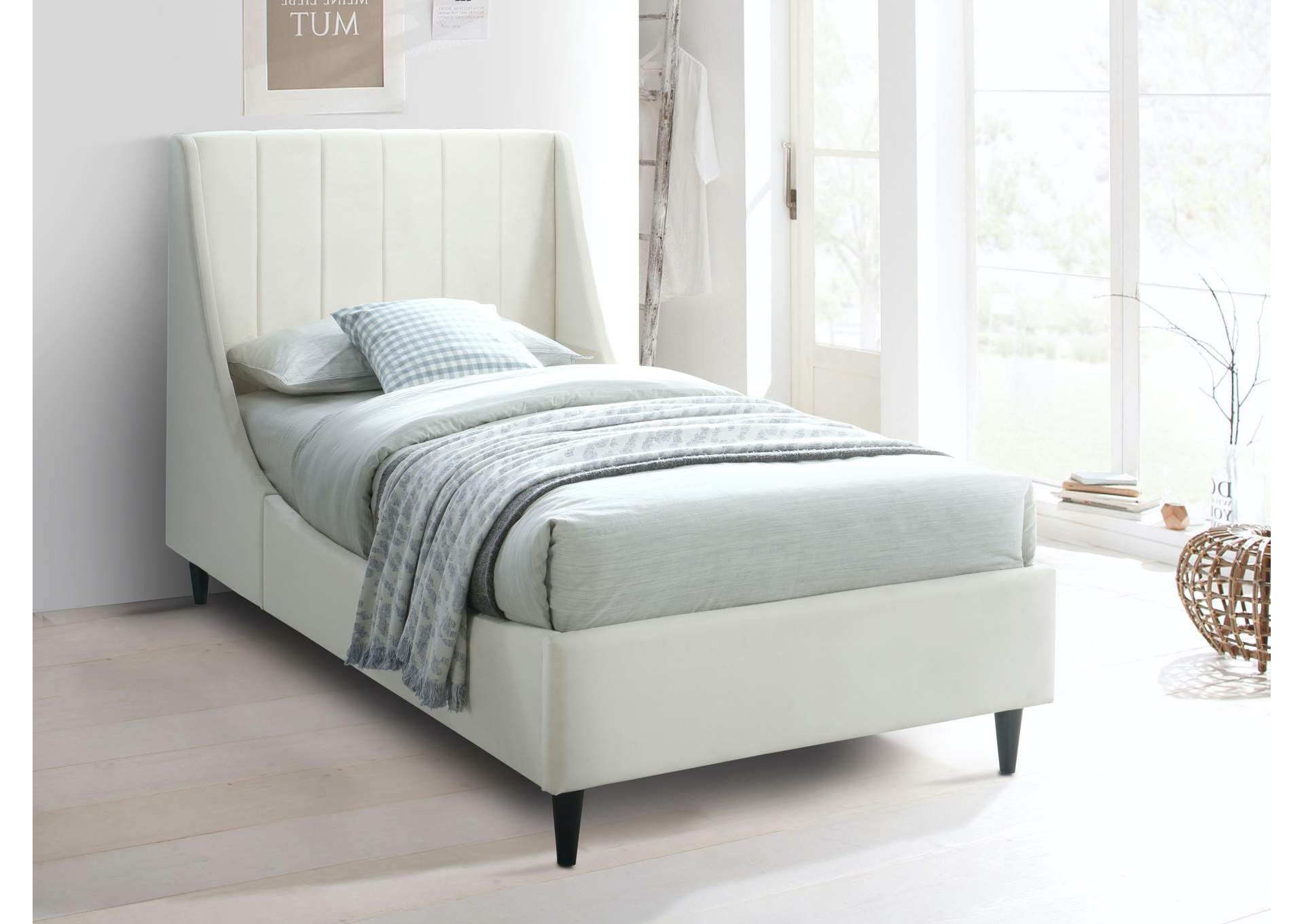 Eva Cream Velvet Twin Bed,Meridian Furniture