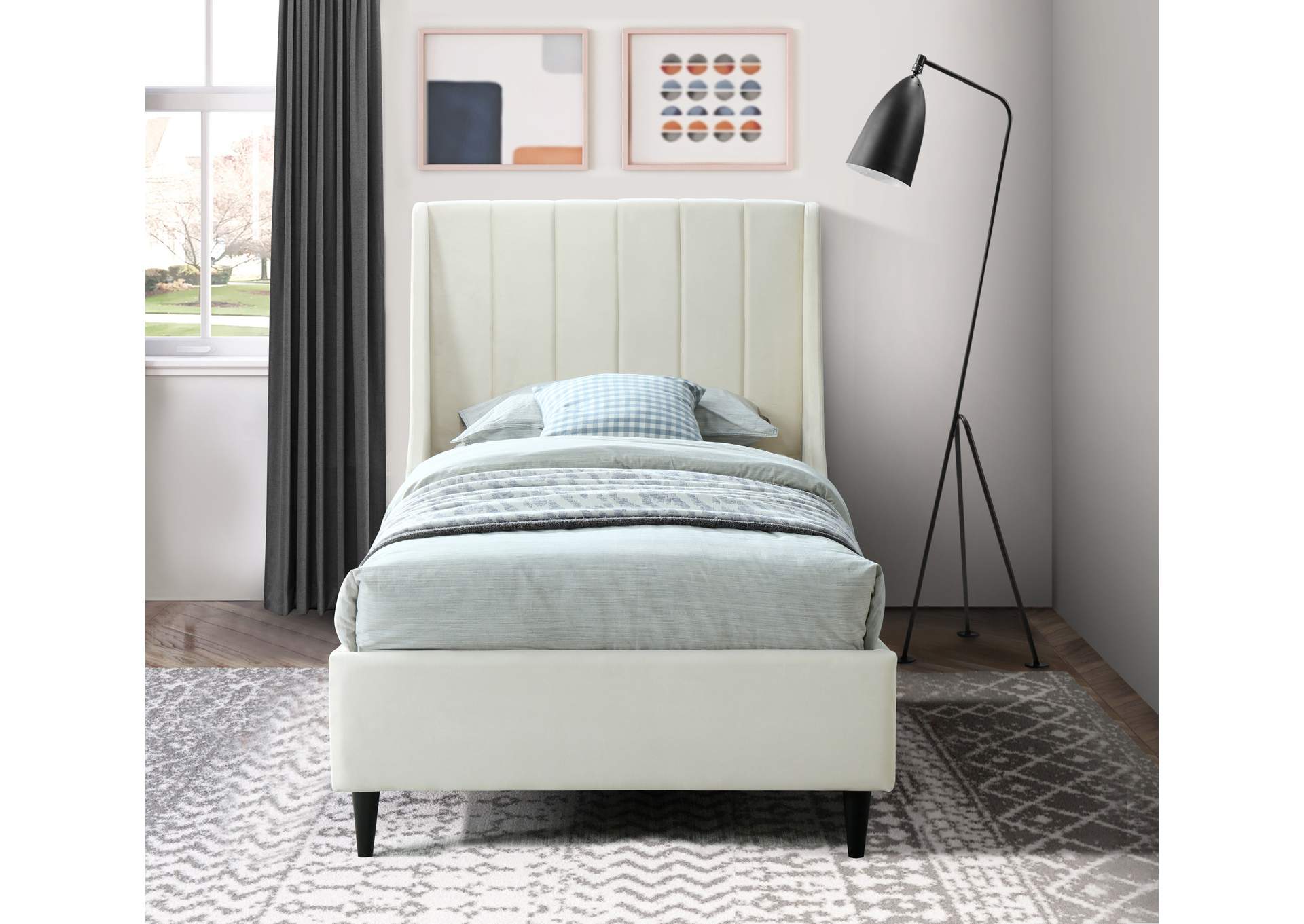 Eva Cream Velvet Twin Bed,Meridian Furniture