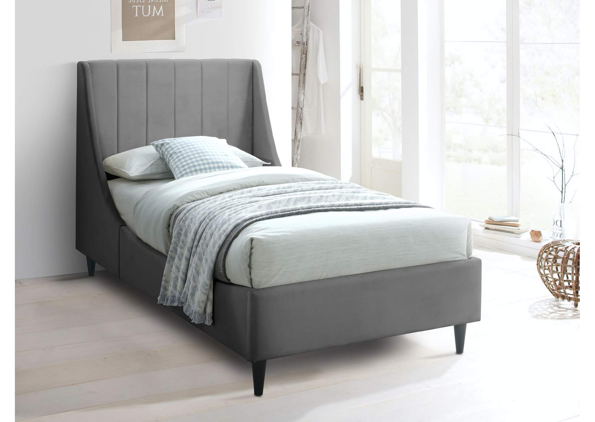 Eva Grey Velvet Twin Bed,Meridian Furniture