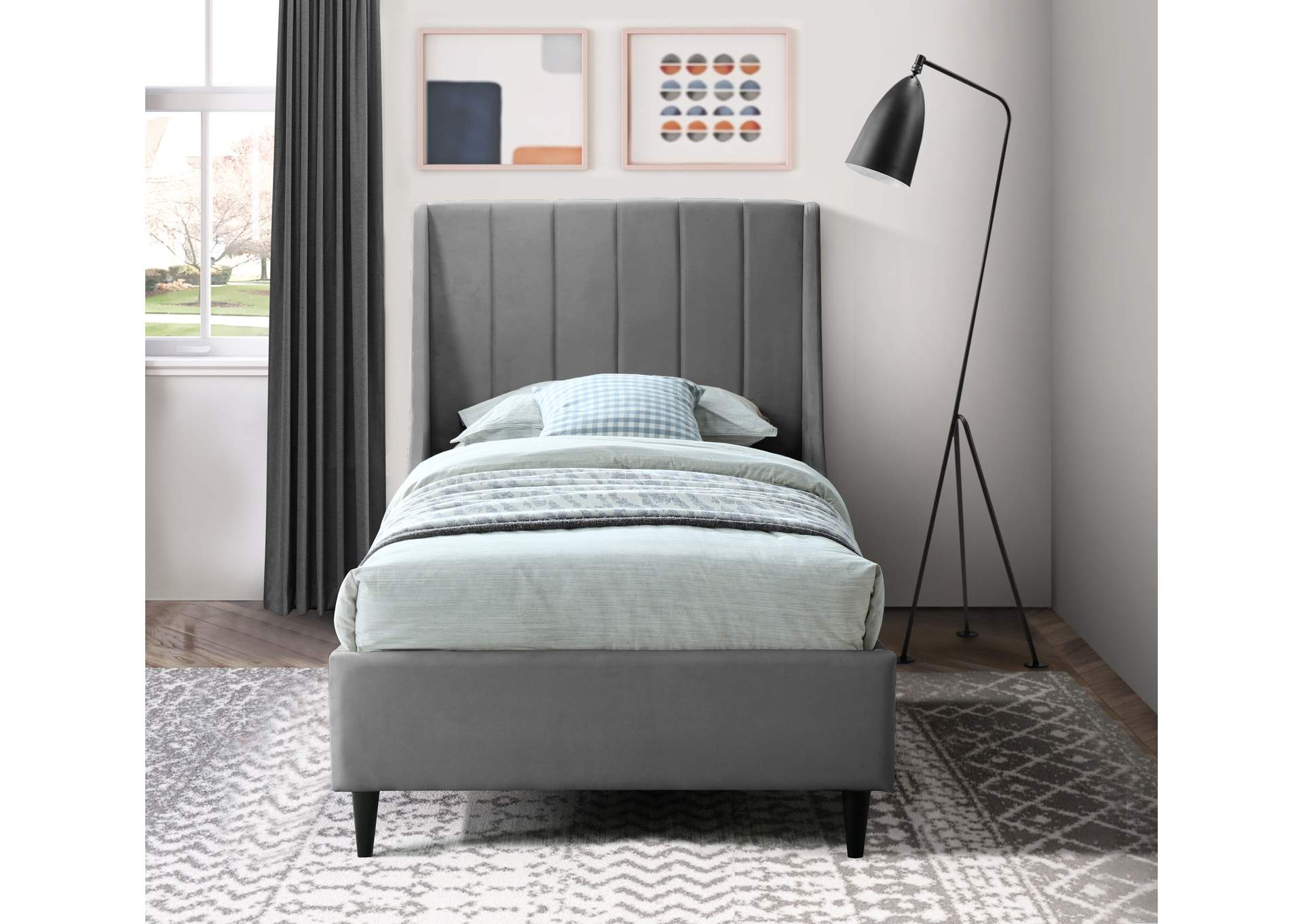 Eva Grey Velvet Twin Bed,Meridian Furniture