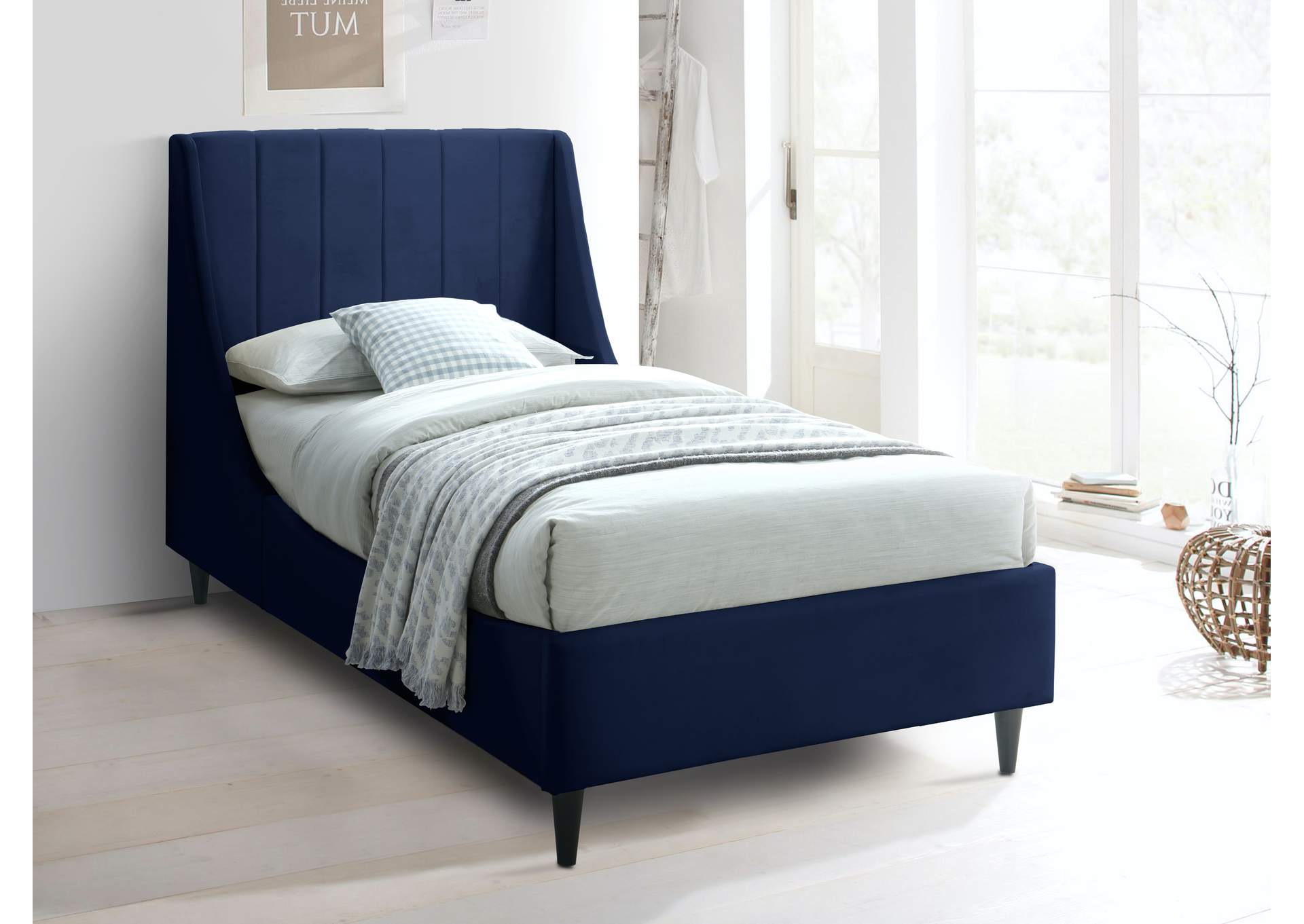 Eva Navy Velvet Twin Bed,Meridian Furniture