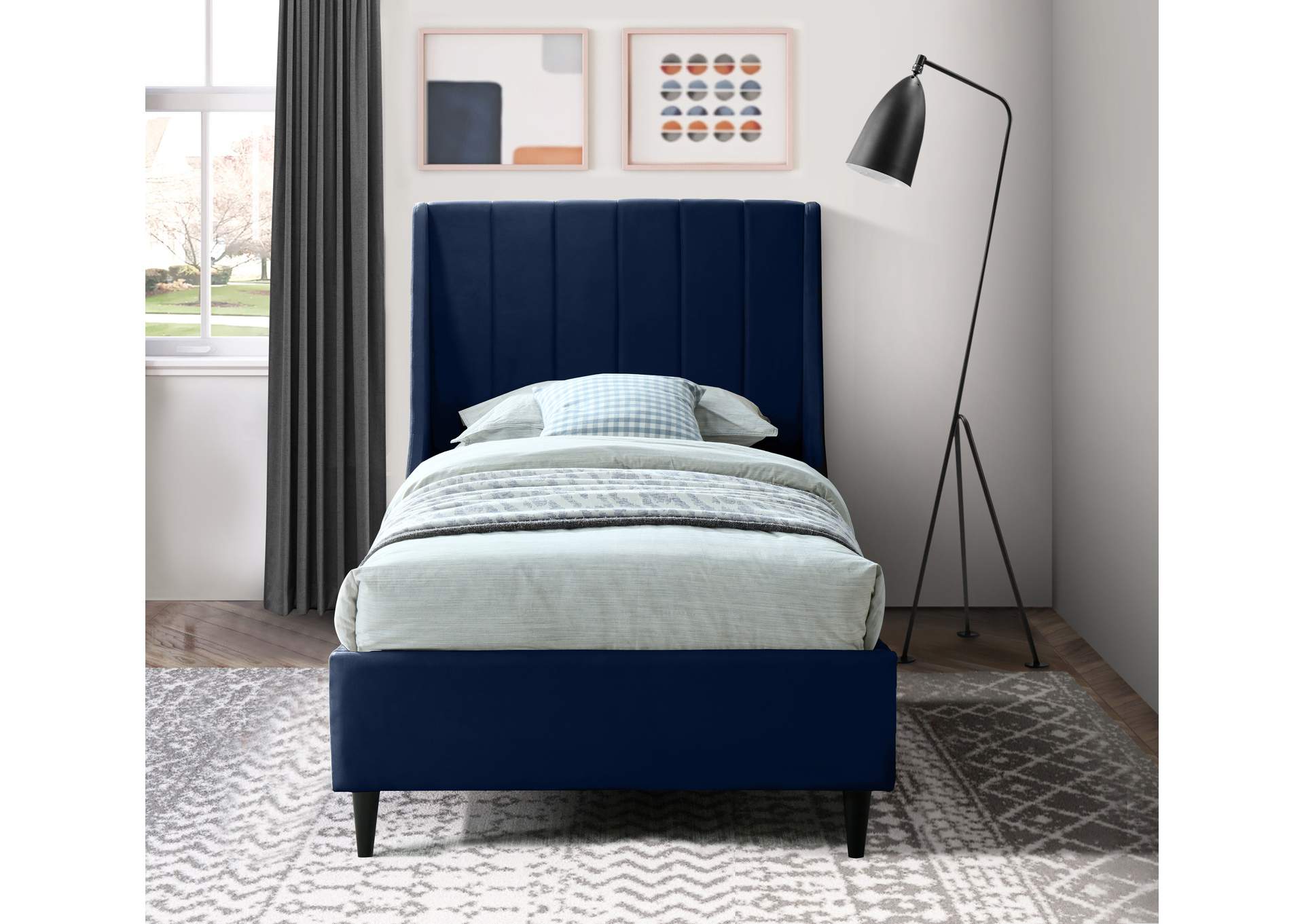 Eva Navy Velvet Twin Bed,Meridian Furniture