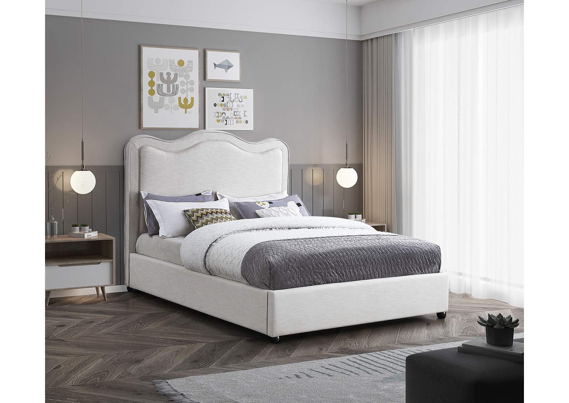 Felix Cream Linen Textured Fabric Full Bed,Meridian Furniture