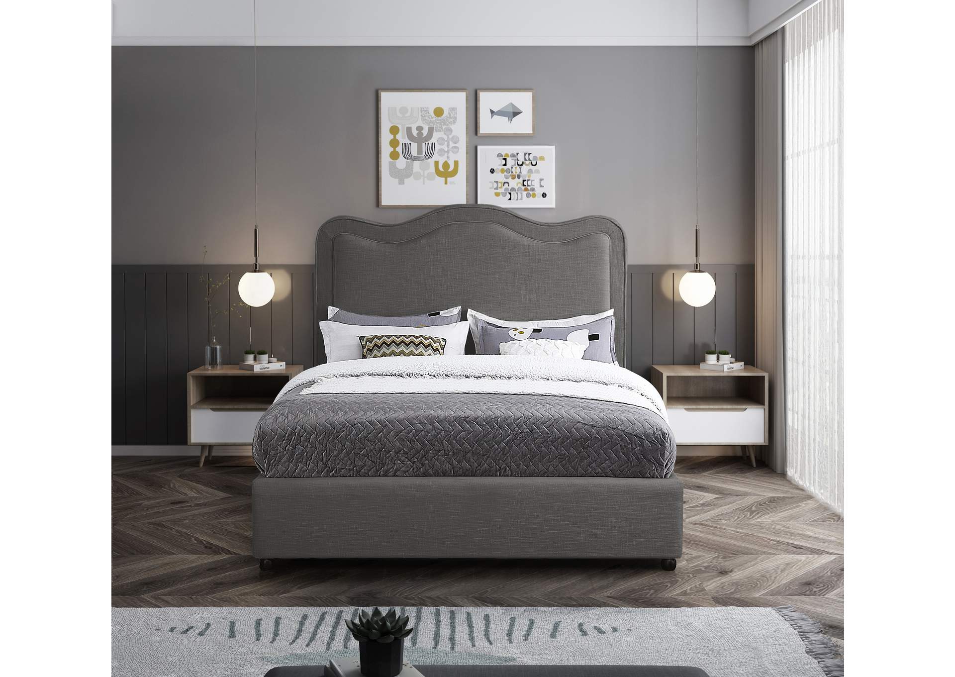 Felix Grey Linen Textured Fabric Full Bed,Meridian Furniture