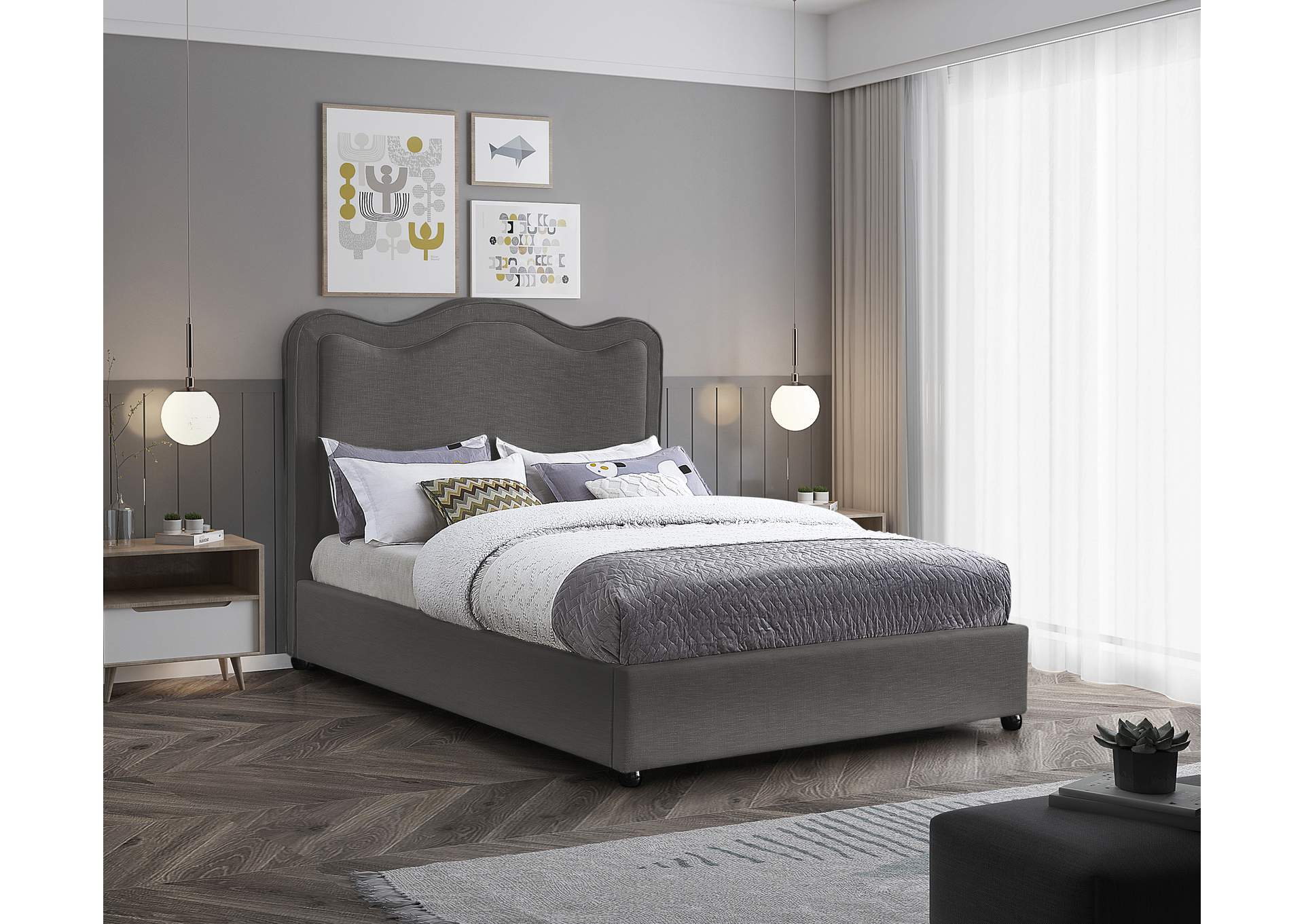 Felix Grey Linen Textured Fabric King Bed,Meridian Furniture