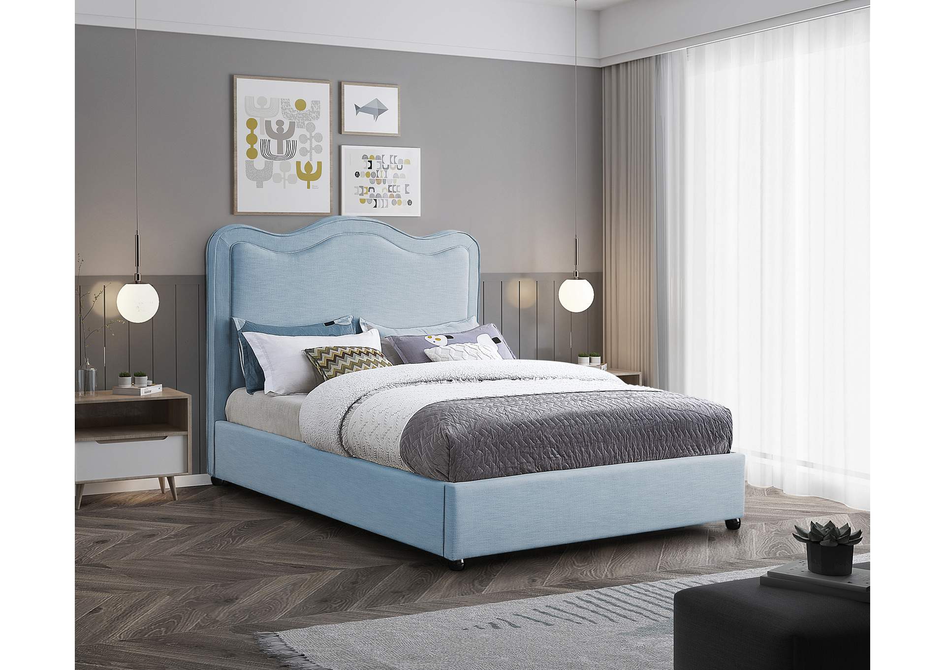 Felix Light Blue Linen Textured Fabric King Bed,Meridian Furniture