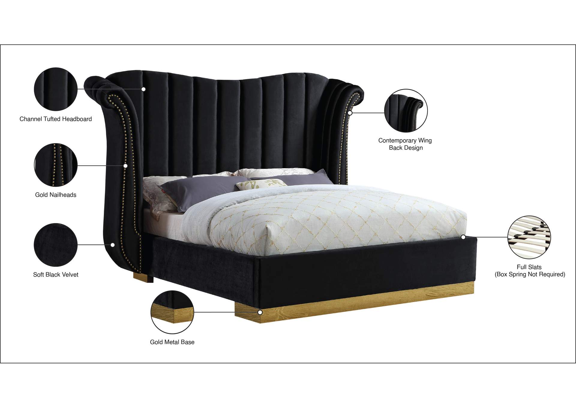 Flora Black Velvet King Bed (3 Boxes),Meridian Furniture