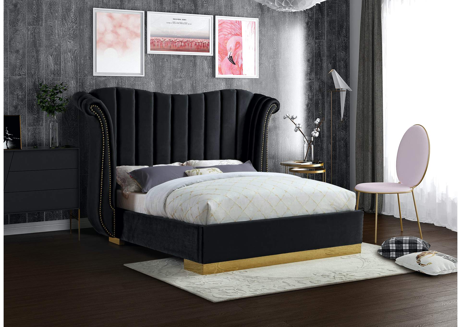 Flora Black Velvet King Bed (3 Boxes),Meridian Furniture