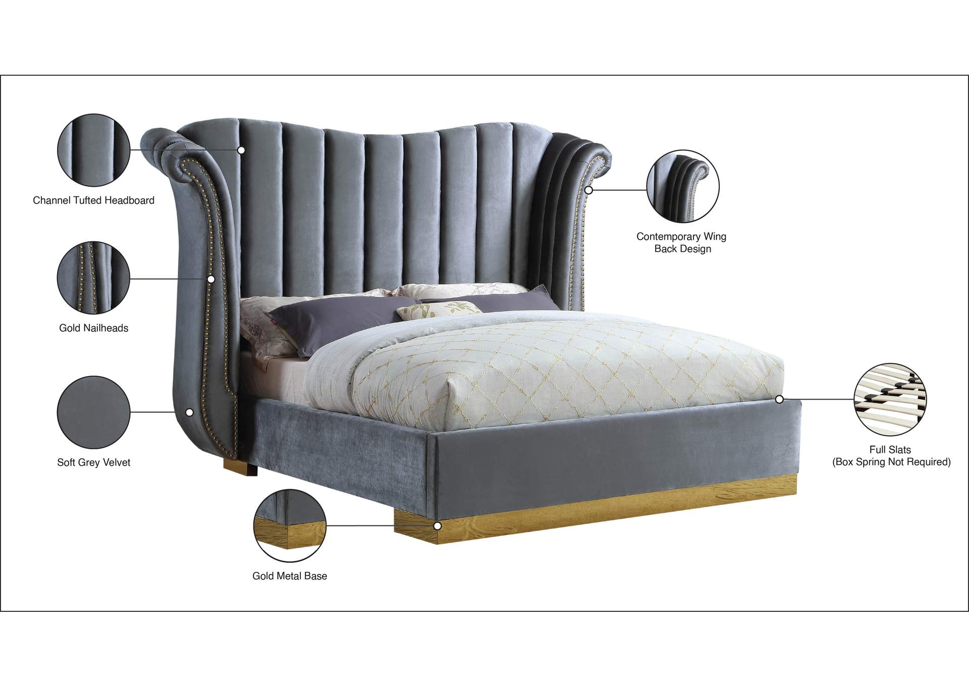 Flora Grey Velvet King Bed (3 Boxes),Meridian Furniture