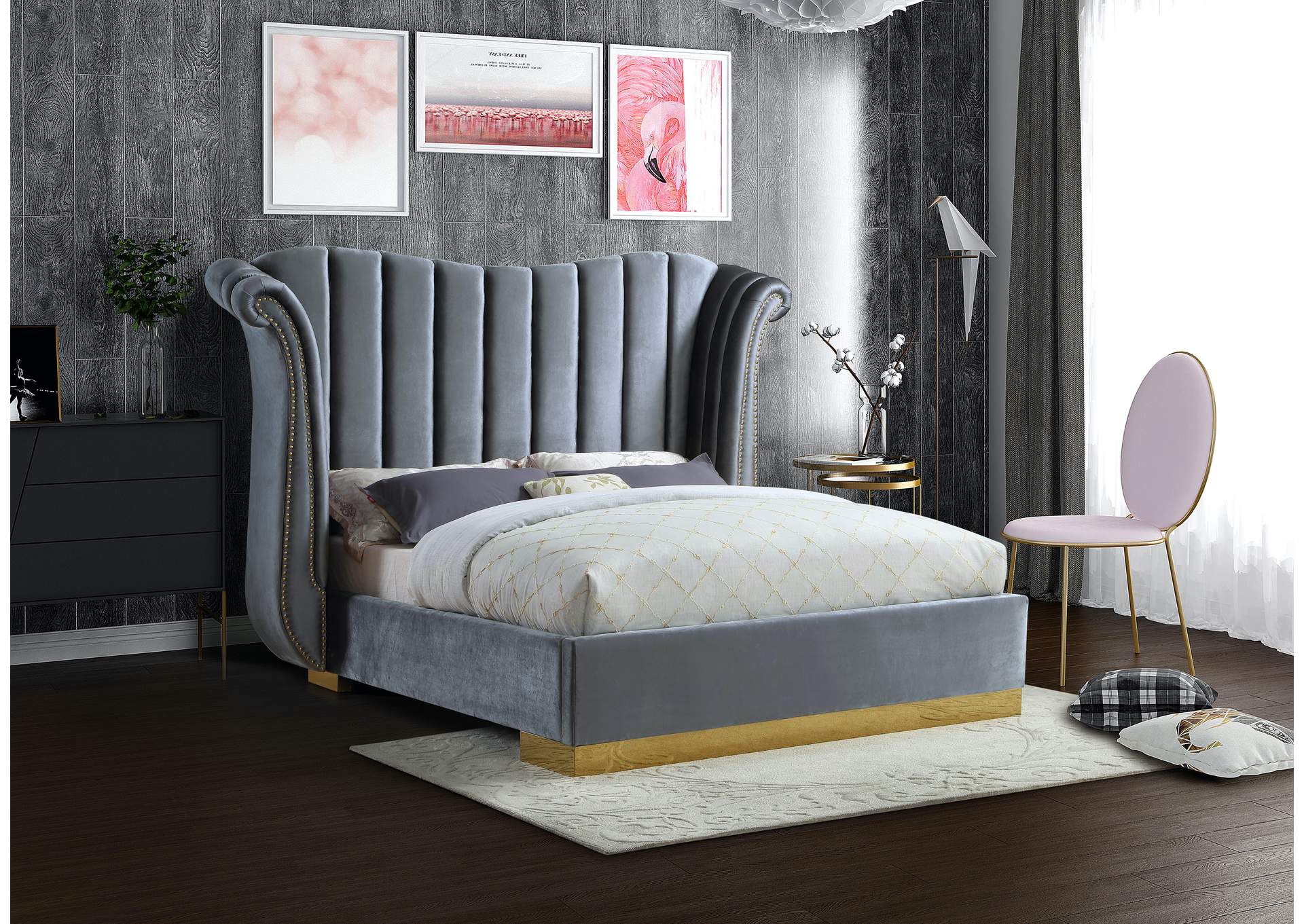 Flora Grey Velvet King Bed (3 Boxes),Meridian Furniture