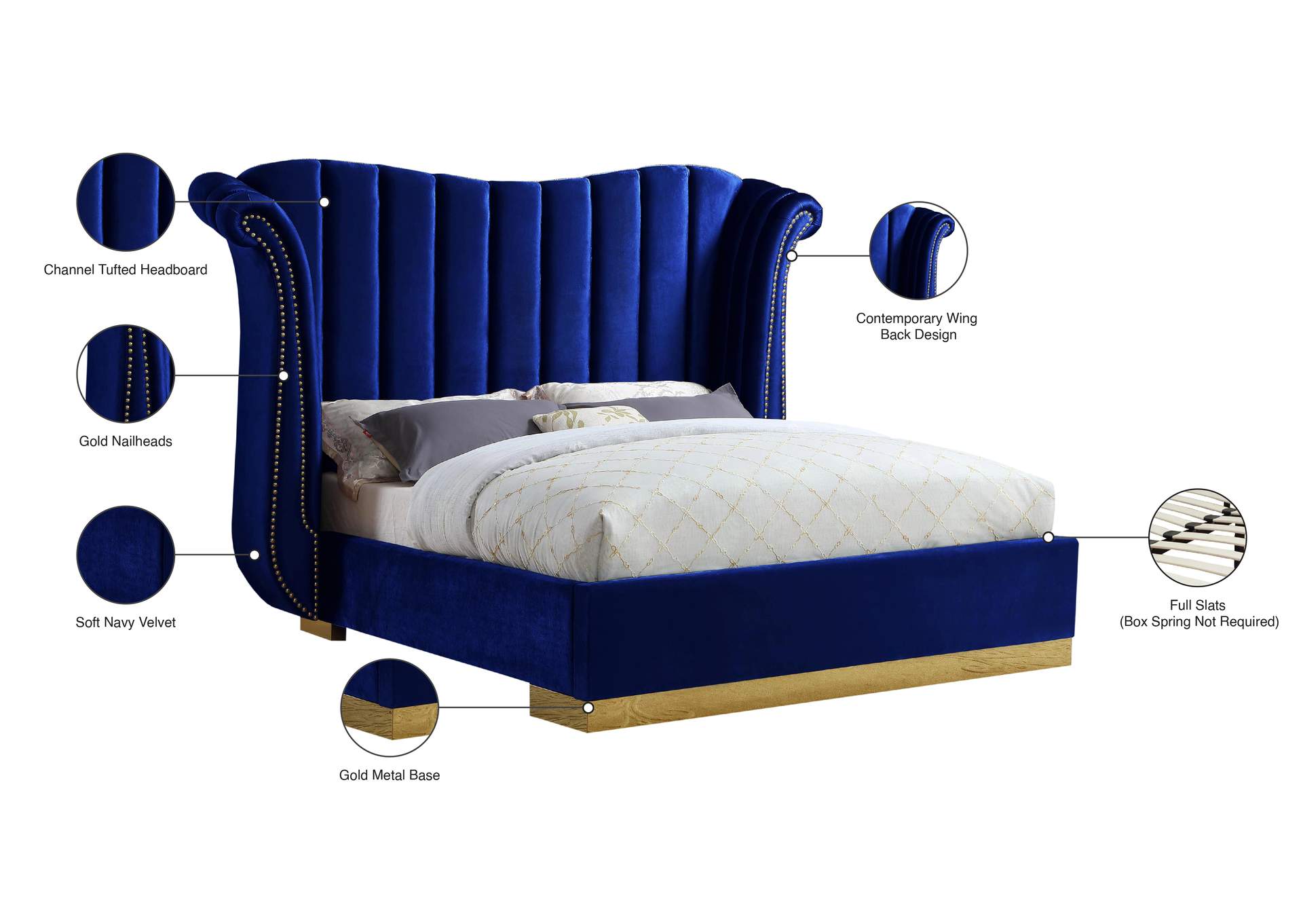 Flora Navy Velvet King Bed (3 Boxes),Meridian Furniture