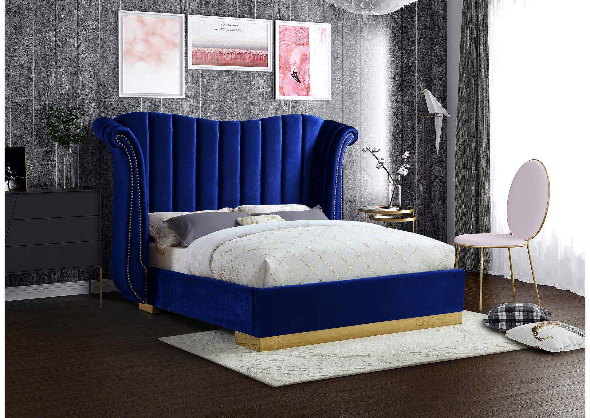 Flora Navy Velvet King Bed (3 Boxes),Meridian Furniture