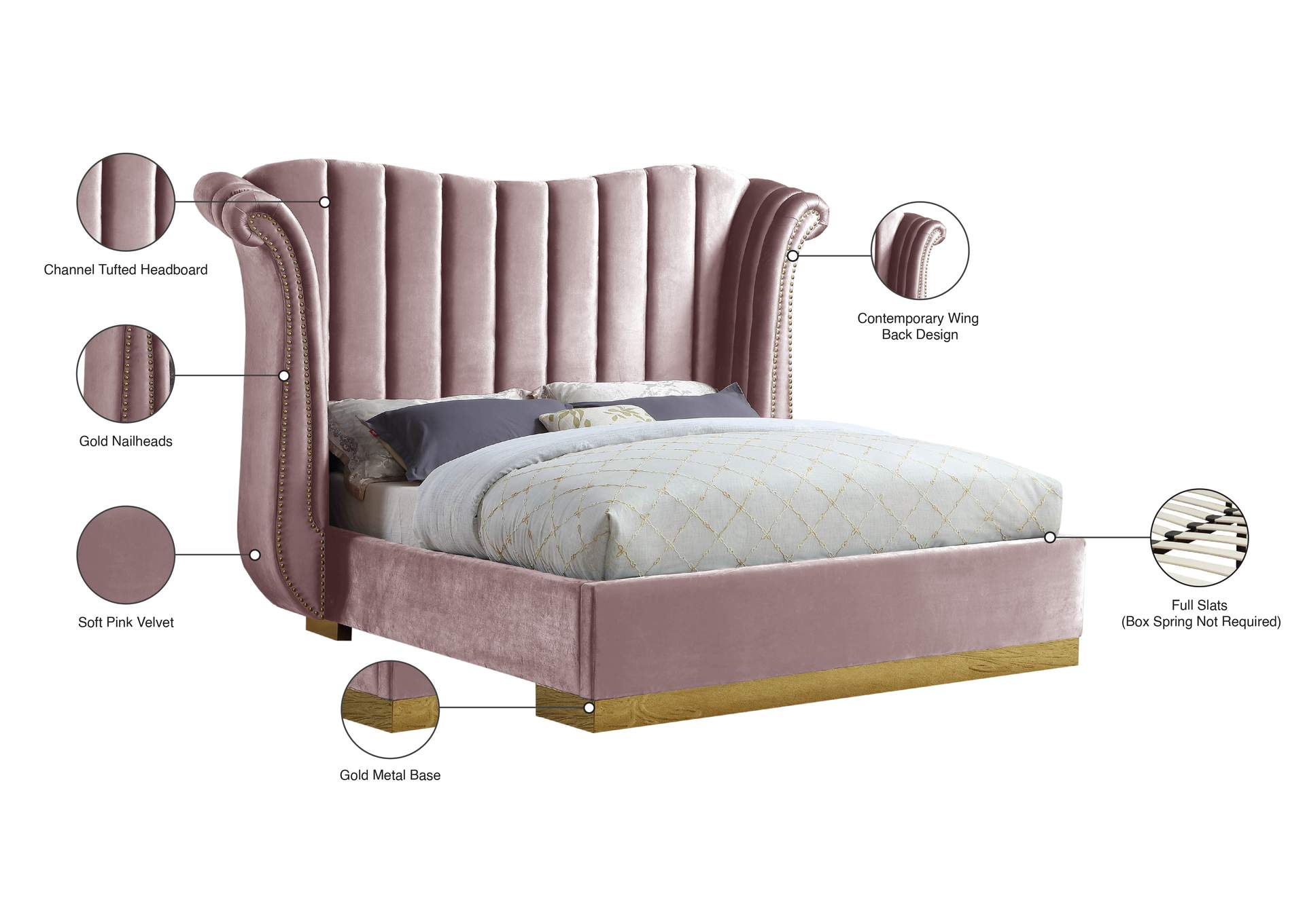 Flora Pink Velvet King Bed (3 Boxes),Meridian Furniture