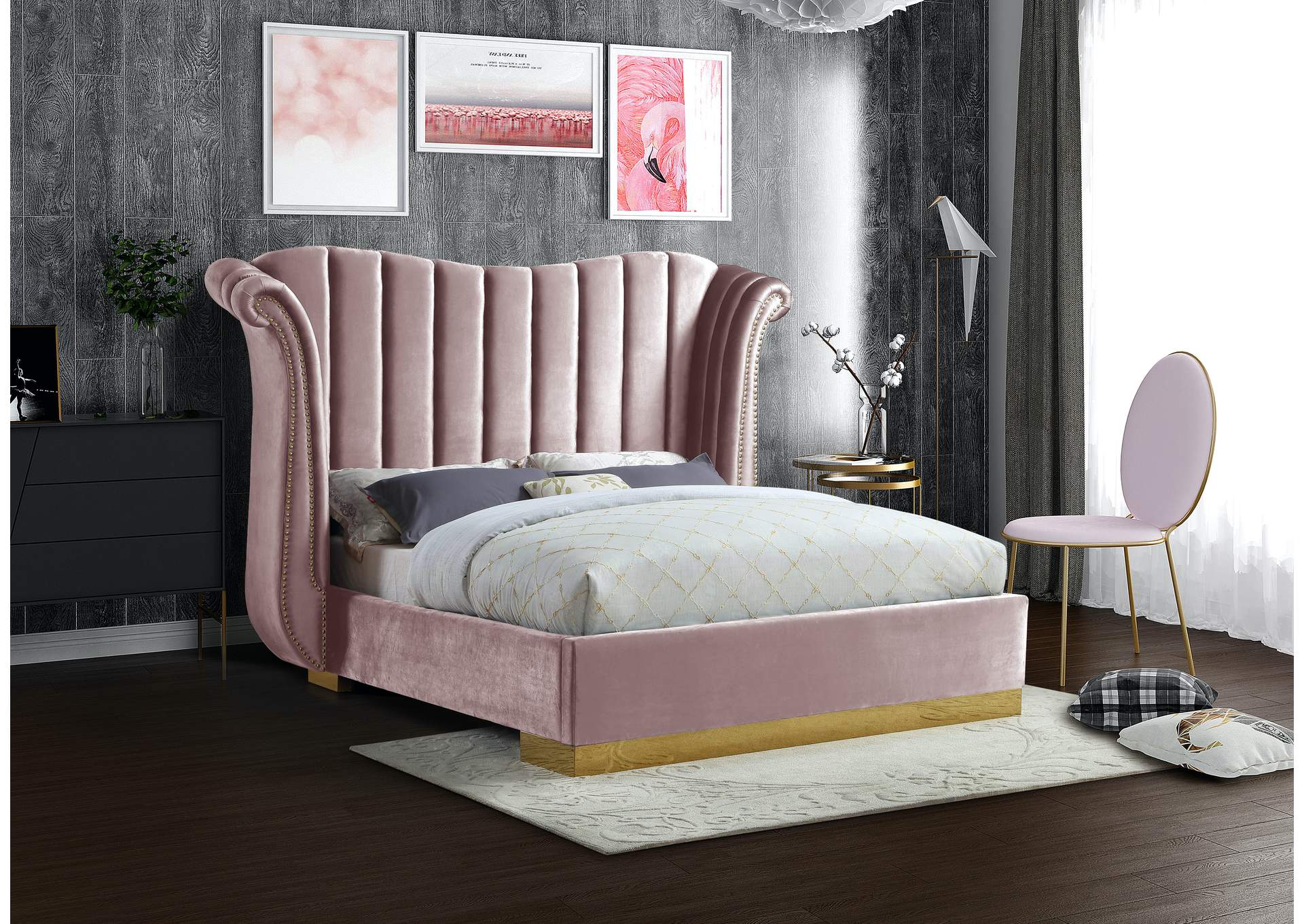 Flora Pink Velvet King Bed (3 Boxes),Meridian Furniture