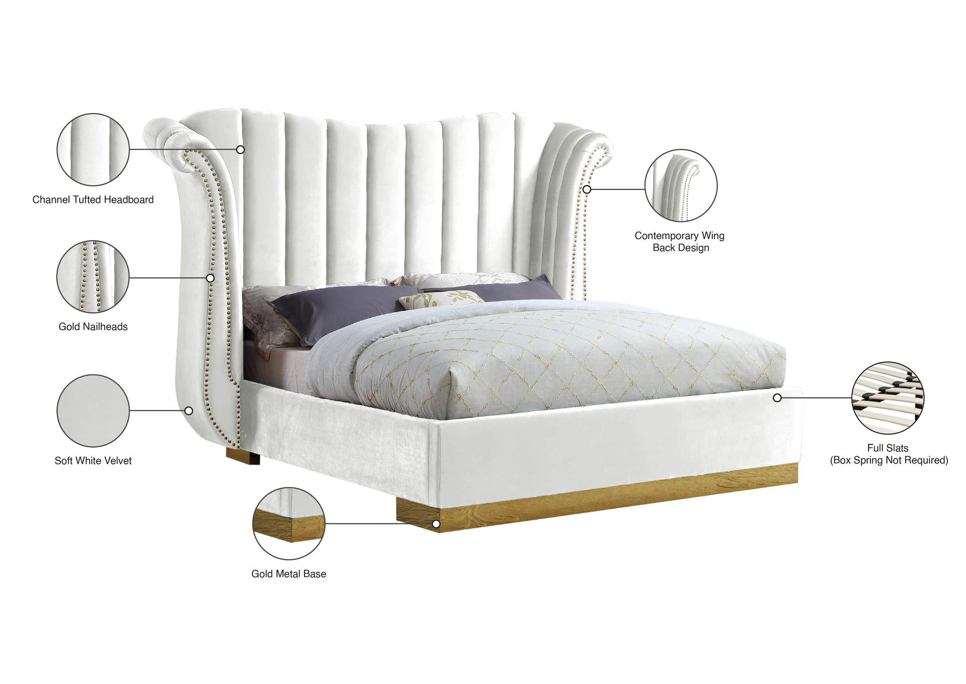 Flora White Velvet King Bed (3 Boxes),Meridian Furniture