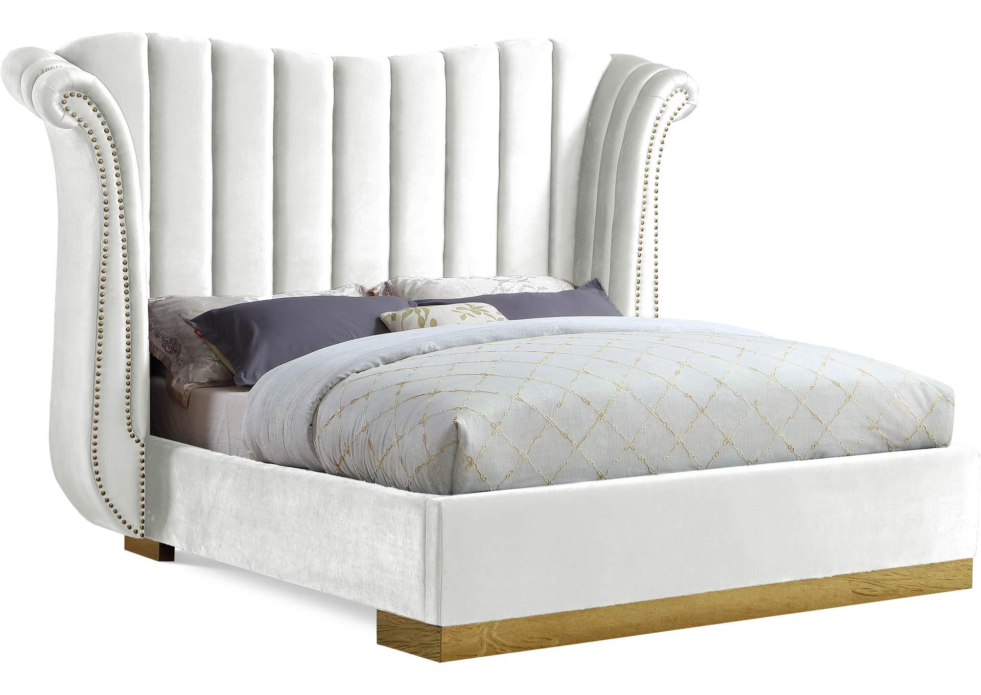 Flora White Velvet King Bed (3 Boxes),Meridian Furniture