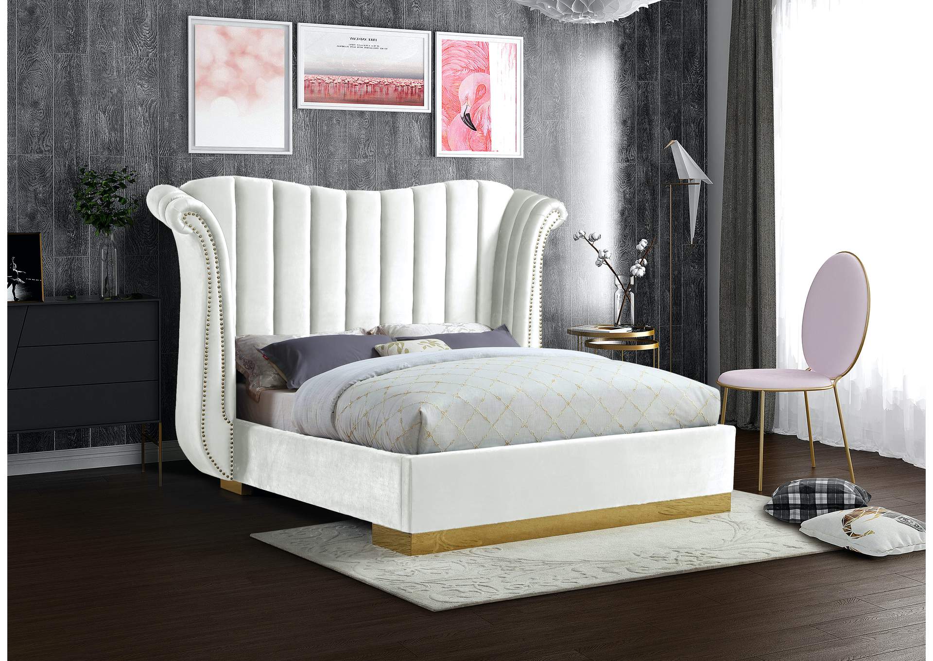 Flora White Velvet King Bed (3 Boxes),Meridian Furniture