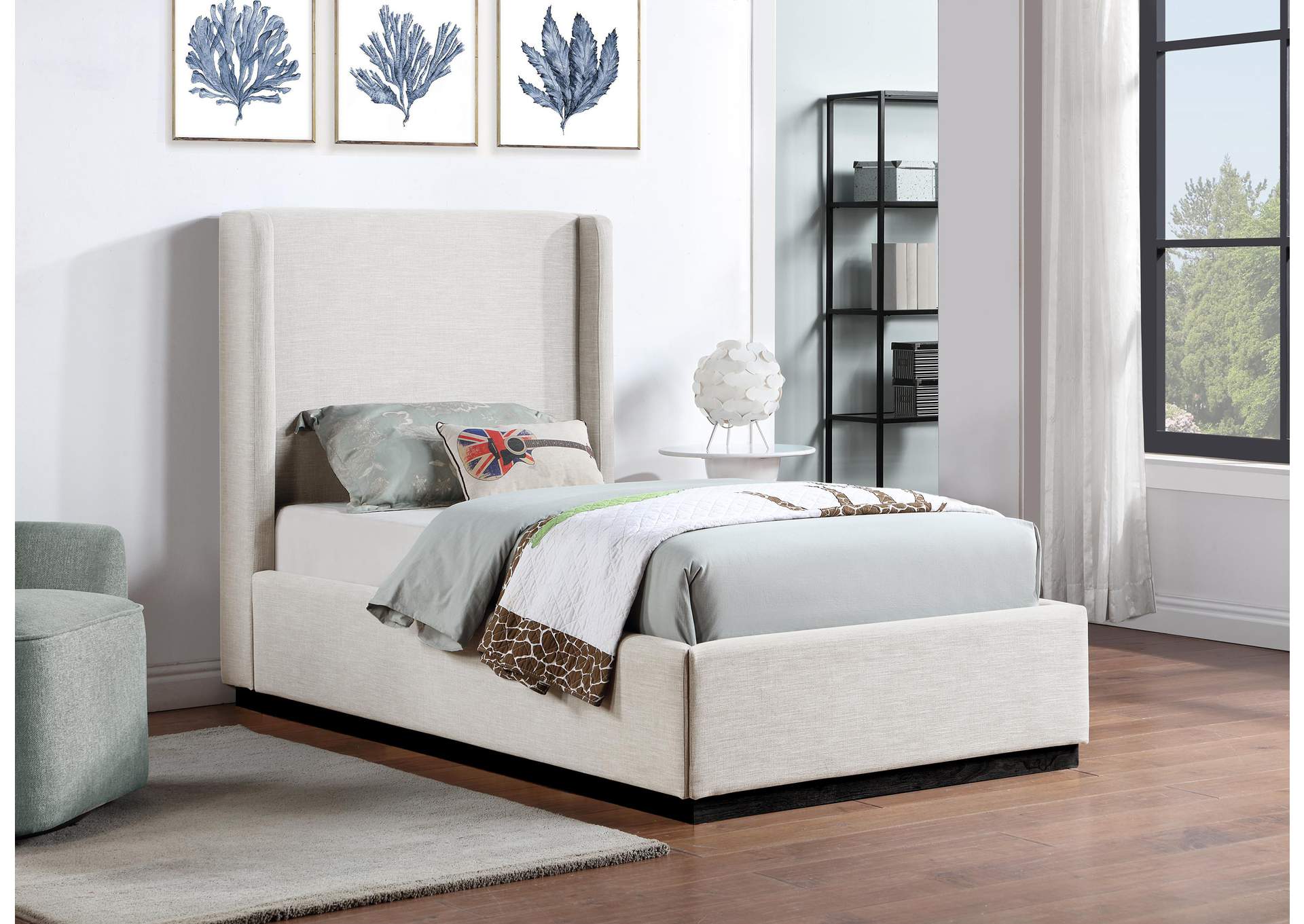 Flynn Beige Linen Textured Fabric Twin Bed,Meridian Furniture