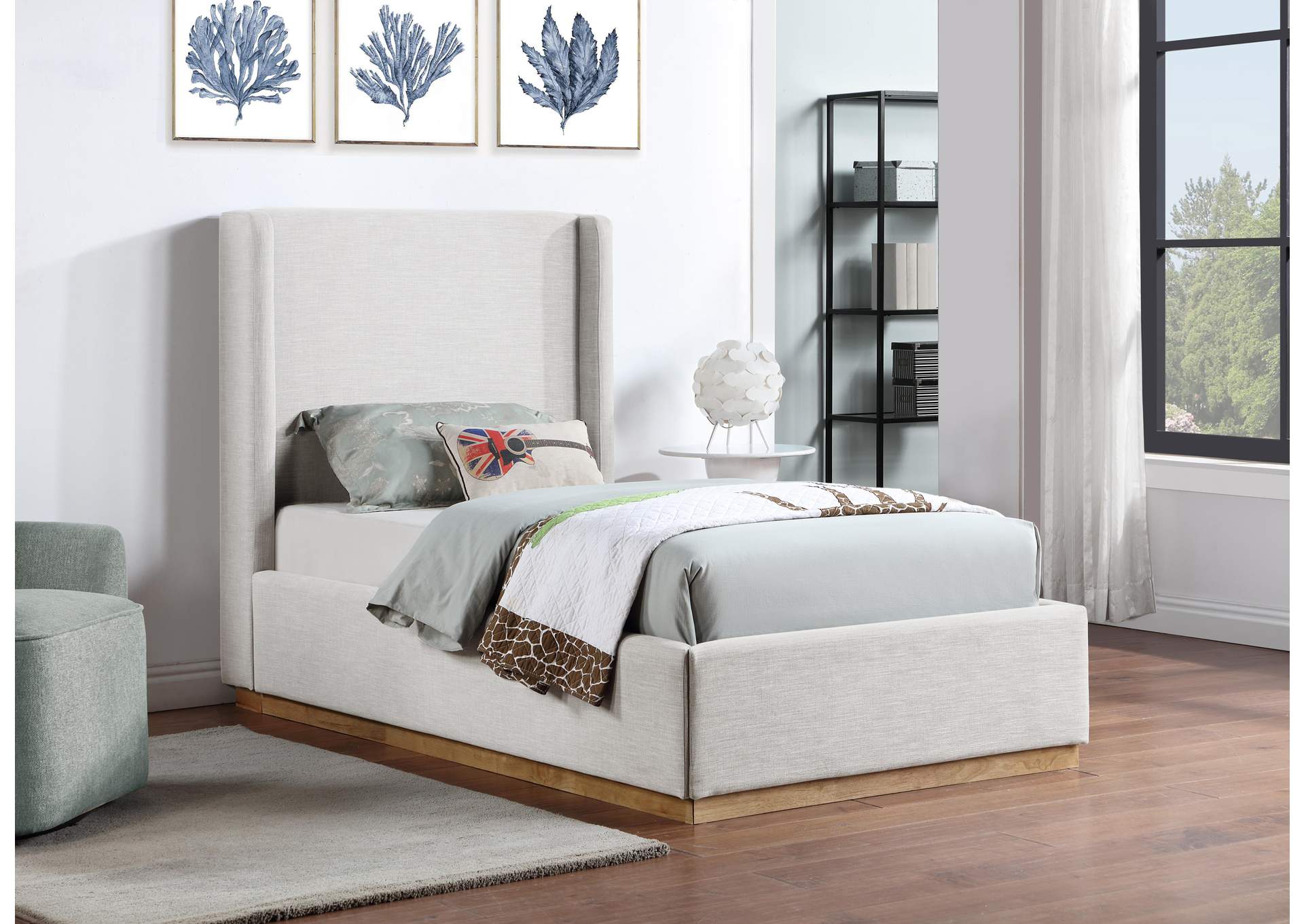 Flynn Cream Linen Textured Fabric Twin Bed,Meridian Furniture