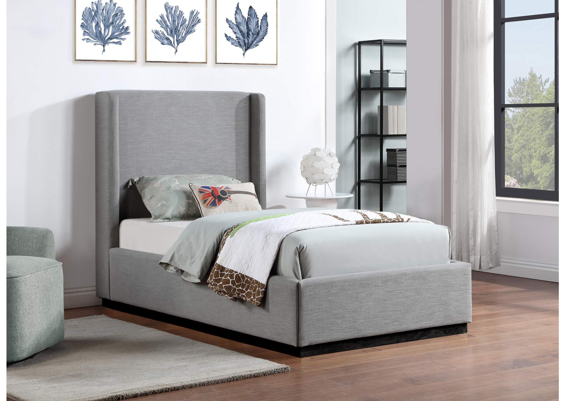 Flynn Grey Linen Textured Fabric Twin Bed,Meridian Furniture