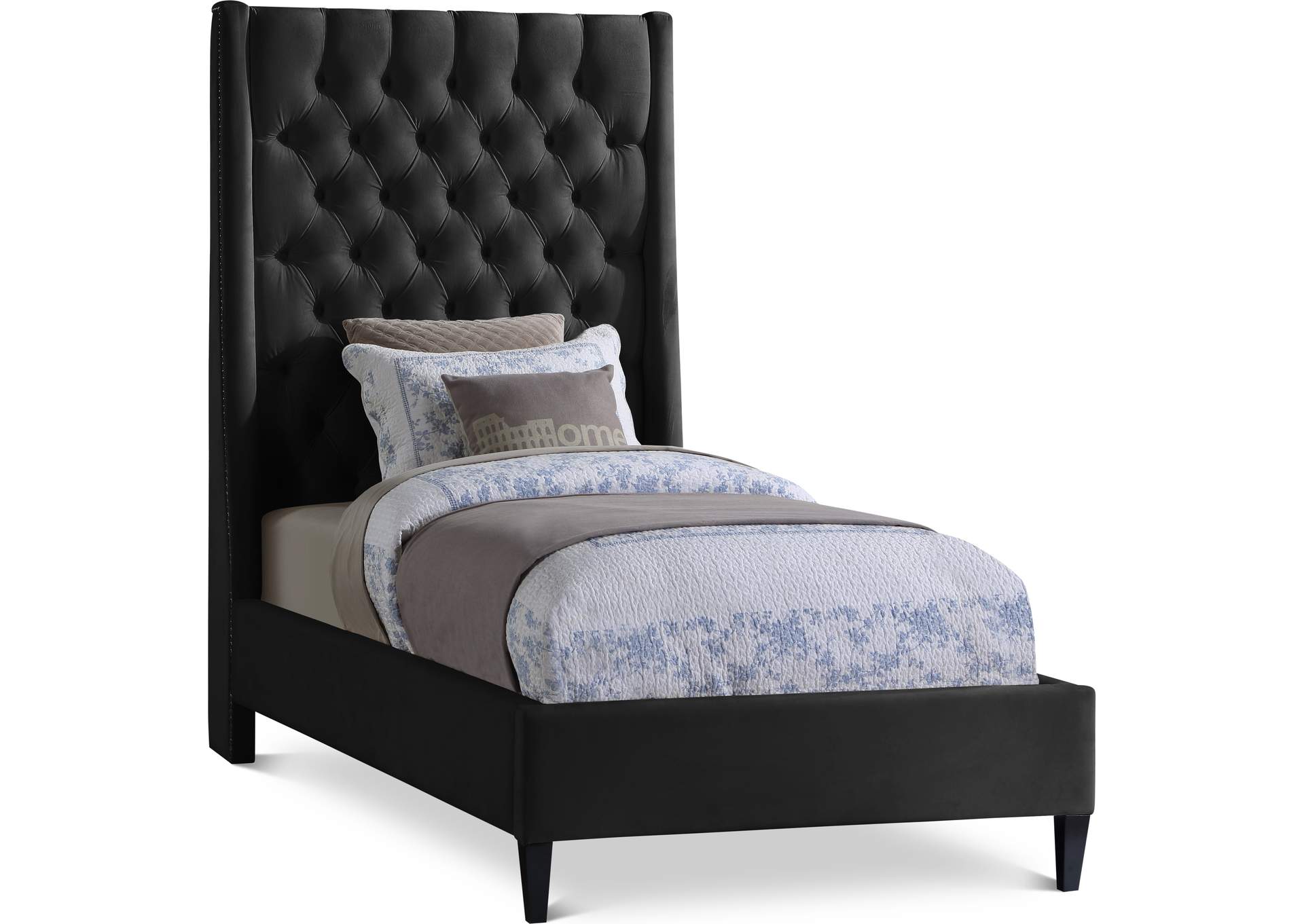 Fritz Black Velvet Twin Bed,Meridian Furniture