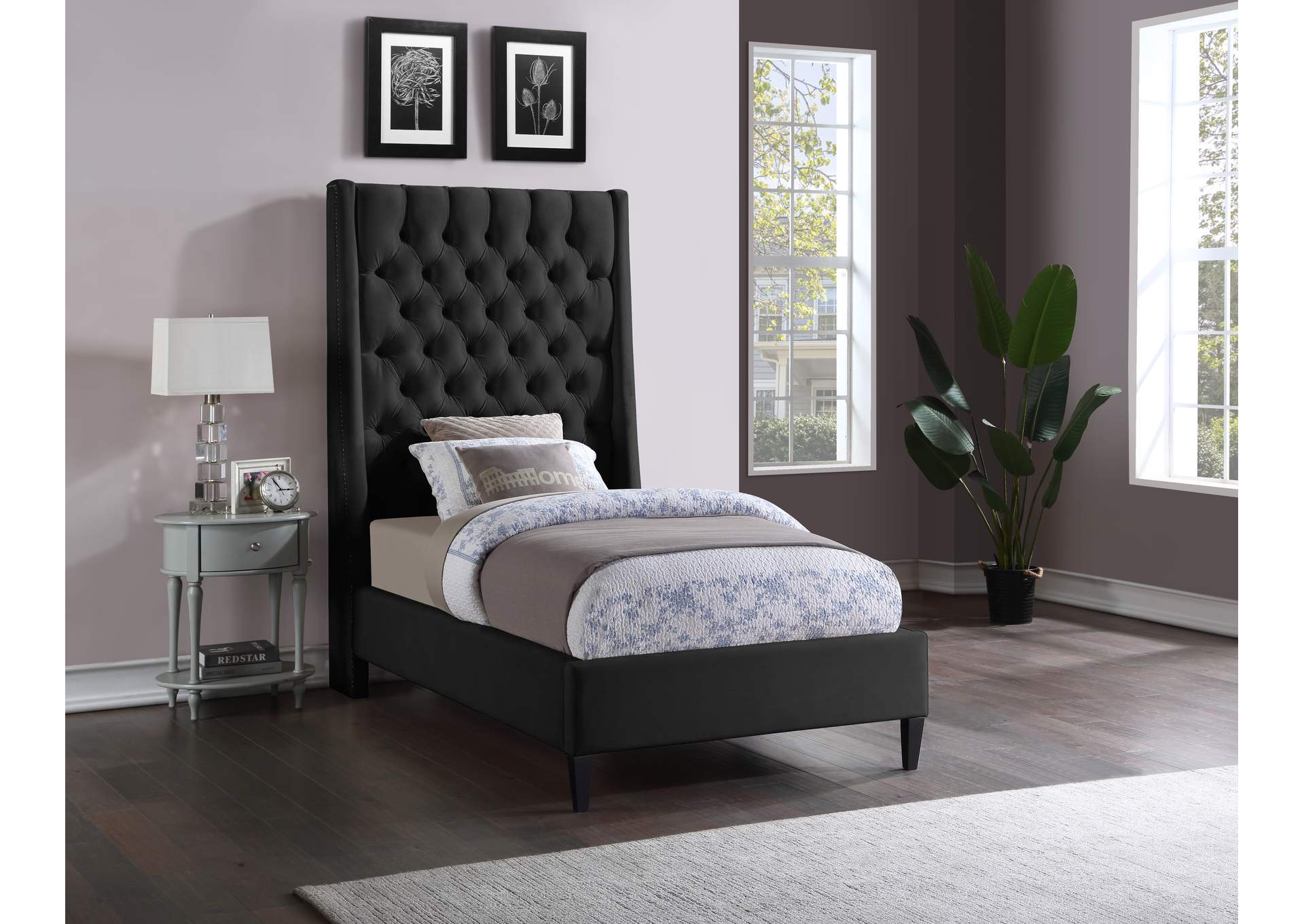 Fritz Black Velvet Twin Bed,Meridian Furniture