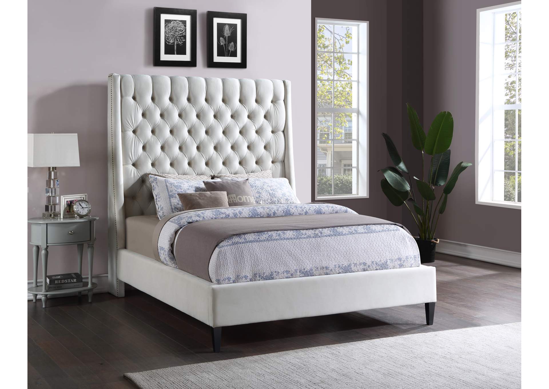 Fritz Cream Velvet King Bed,Meridian Furniture