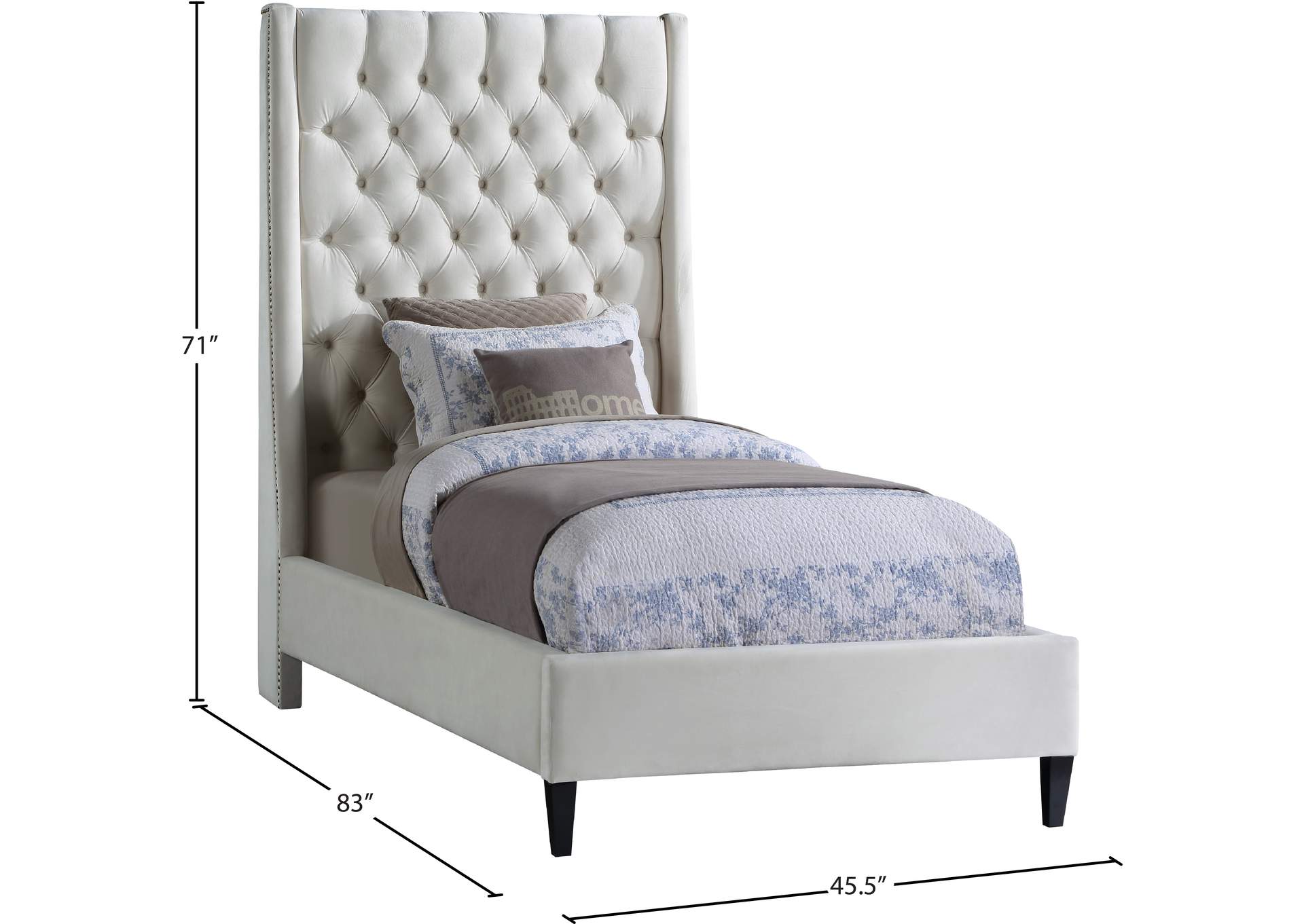 Fritz Cream Velvet Twin Bed,Meridian Furniture