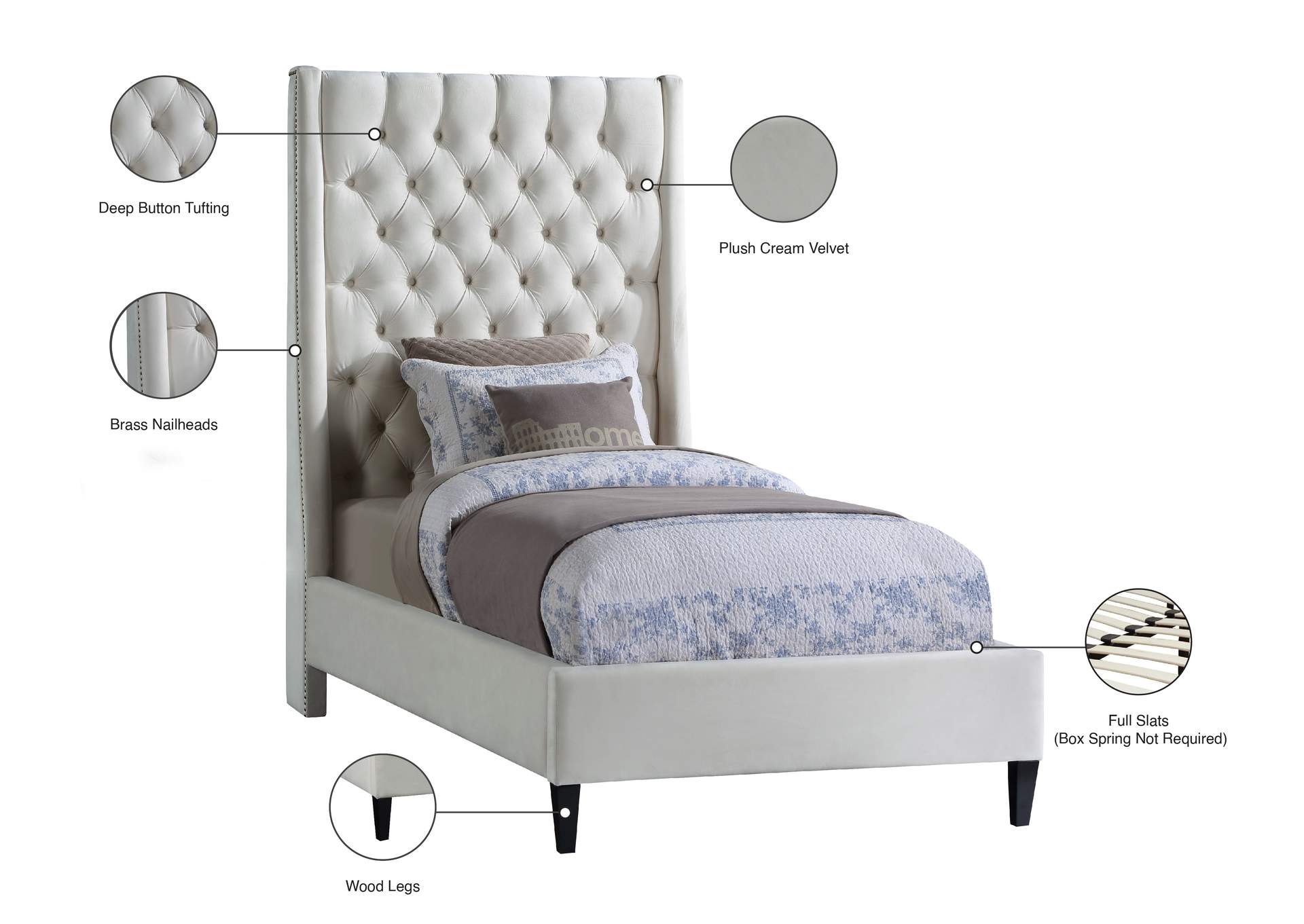 Fritz Cream Velvet Twin Bed,Meridian Furniture