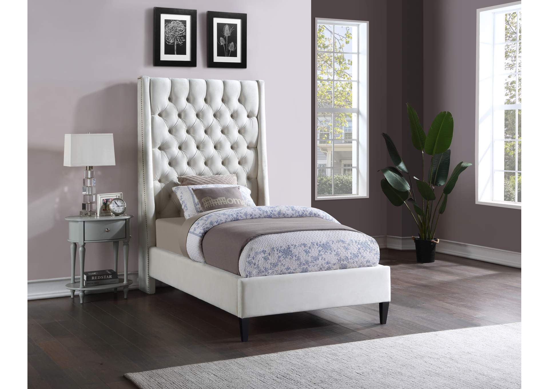 Fritz Cream Velvet Twin Bed,Meridian Furniture