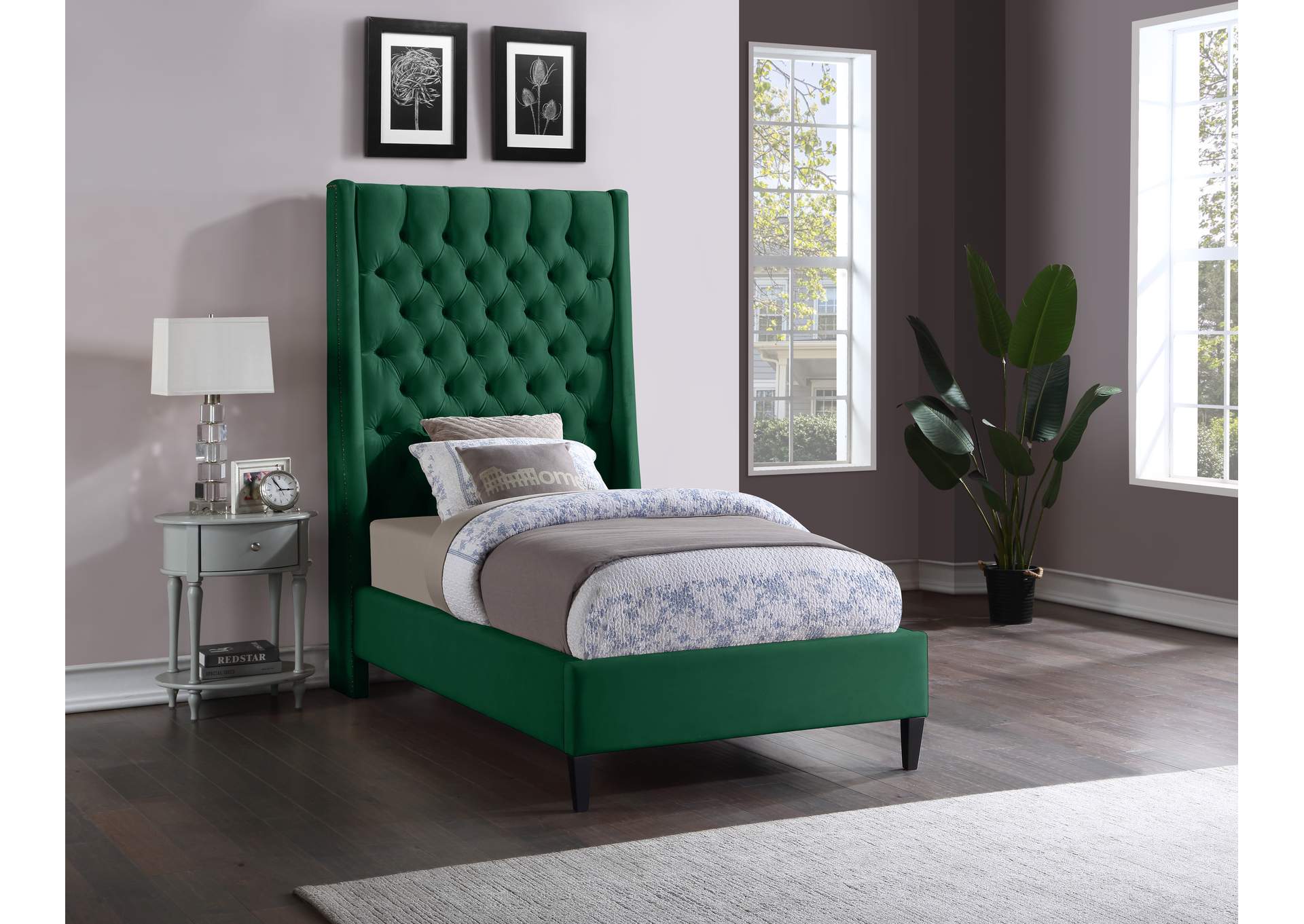 Fritz Green Velvet Twin Bed,Meridian Furniture