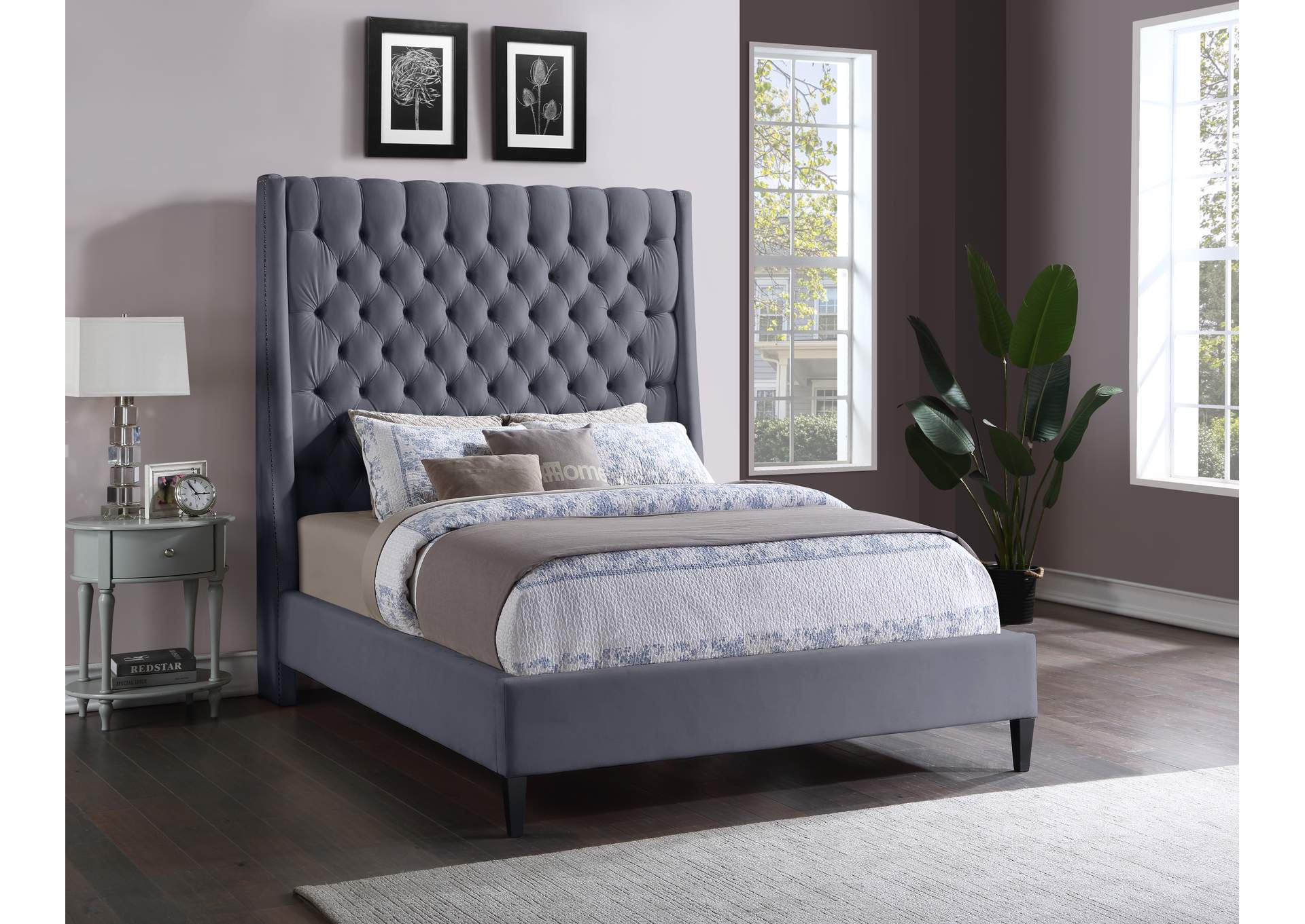 Fritz Grey Velvet King Bed,Meridian Furniture